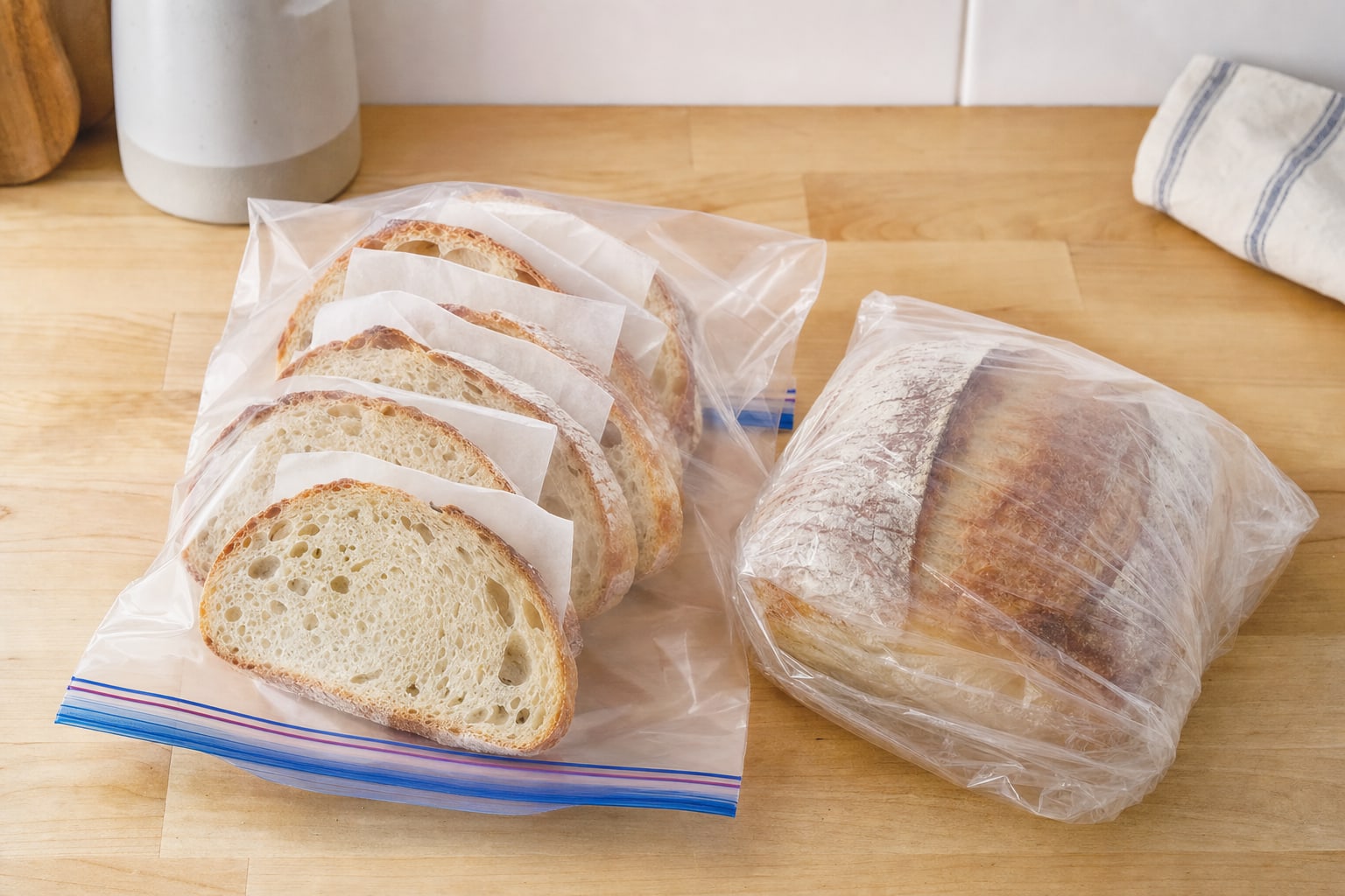 Sourdough slices separated with parchment in a freezer bag beside a wrapped loaf