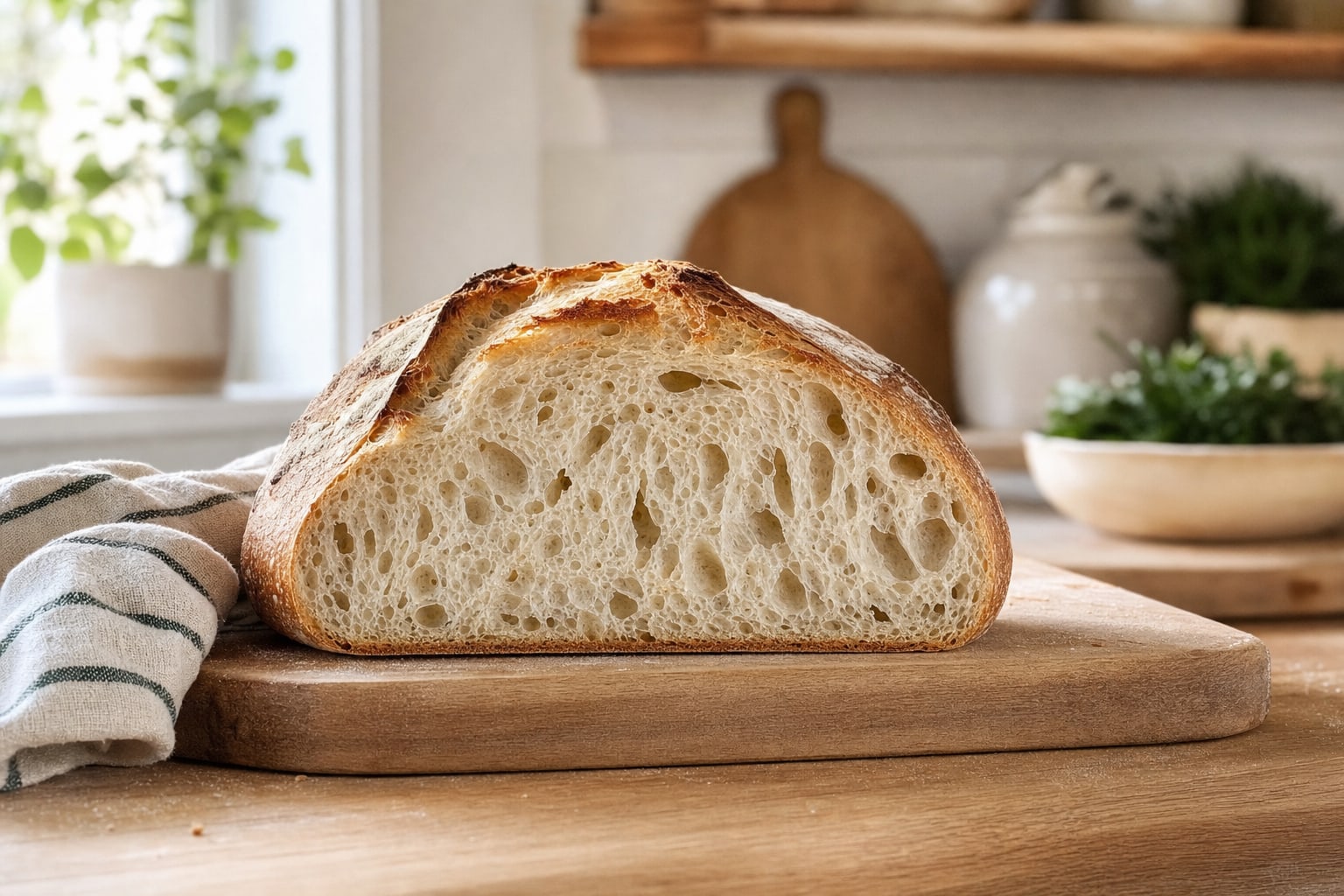 Fresh sourdough loaf with an open crumb on a wooden board