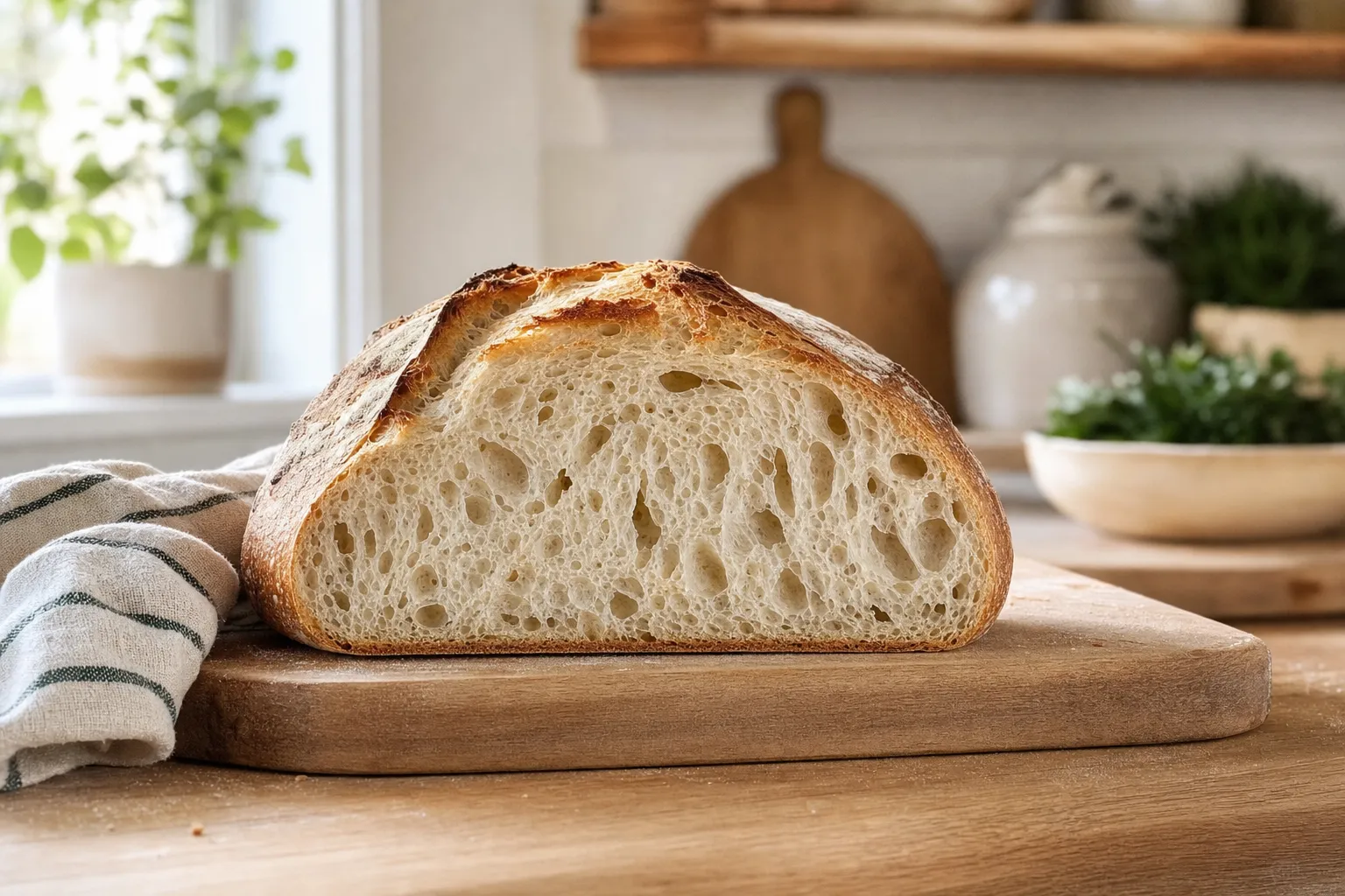 Fresh sourdough loaf with an open crumb on a wooden board
