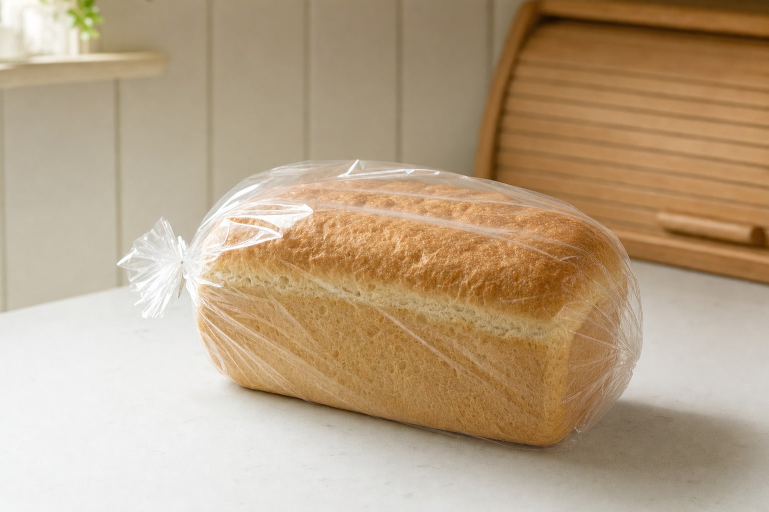 Soft sourdough sandwich loaf stored in a clear bread bag on a kitchen counter