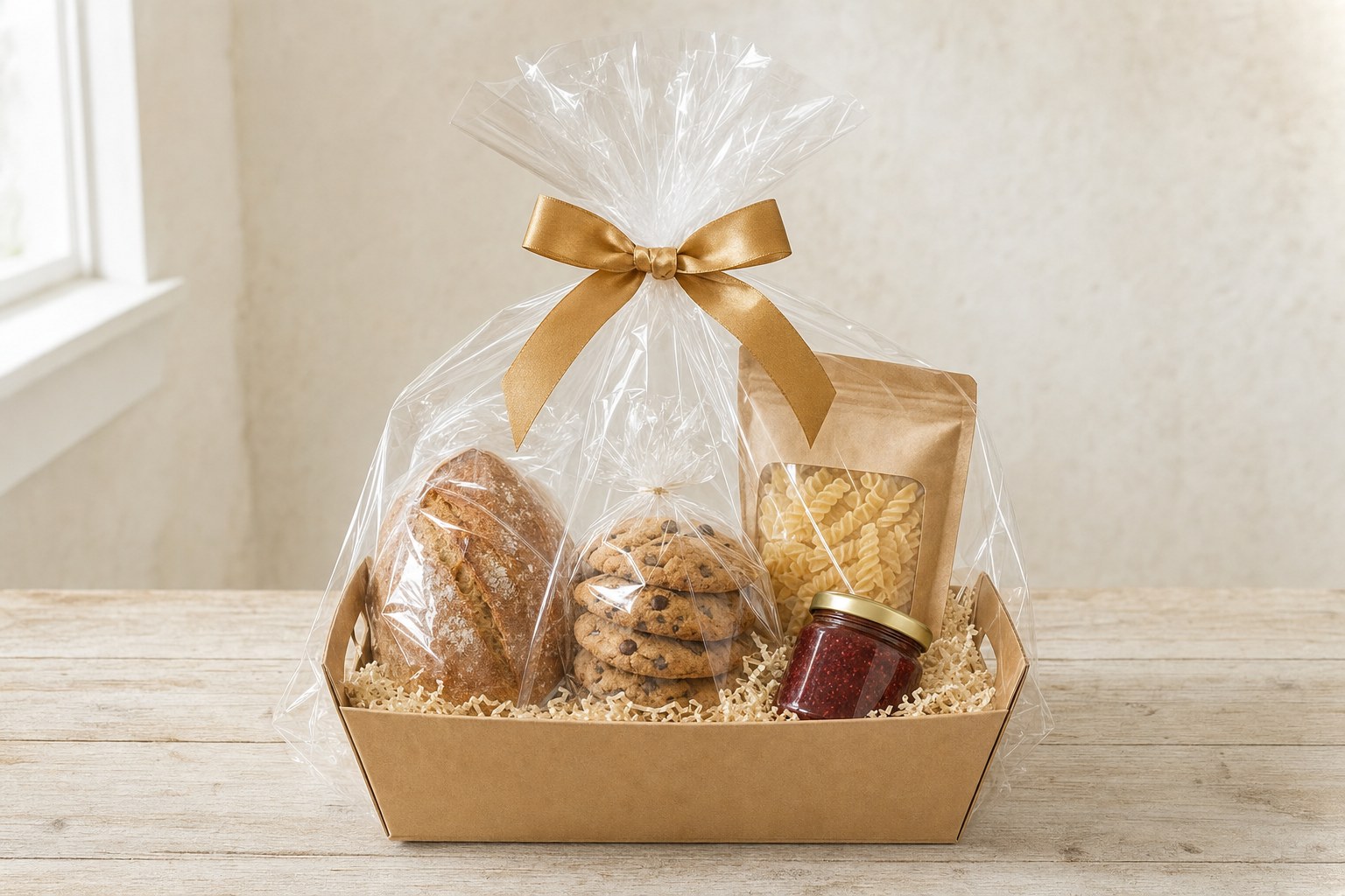 Kraft cardboard gift tray filled with bread, cookies, pasta and jam, wrapped in clear cellophane with a gold bow