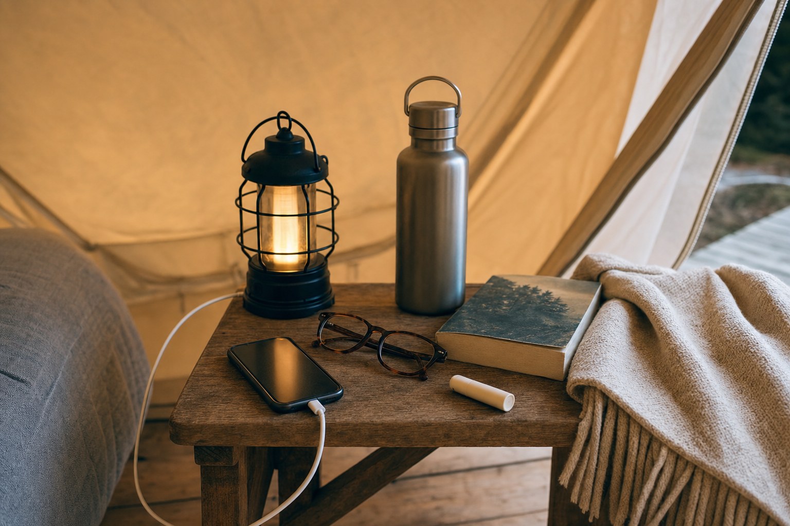Lantern, phone charger, book, glasses, water bottle, and blanket on a bedside table inside a canvas tent