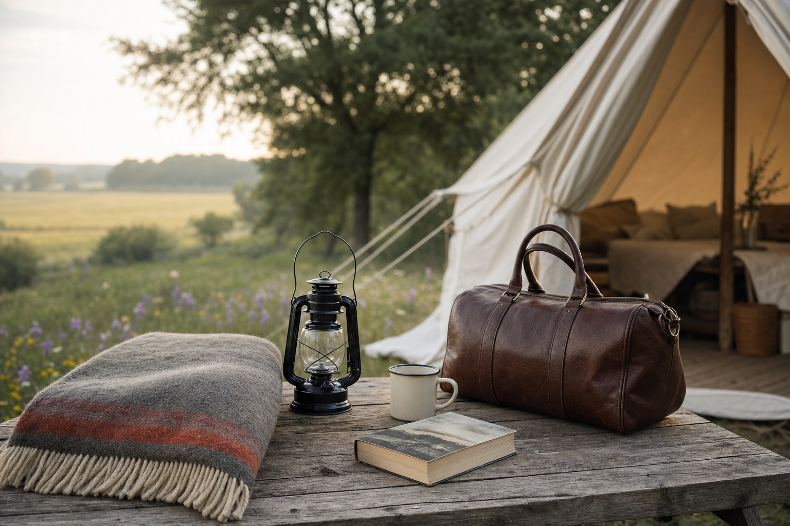 Weekend bag, lantern, blanket, and book beside a canvas retreat