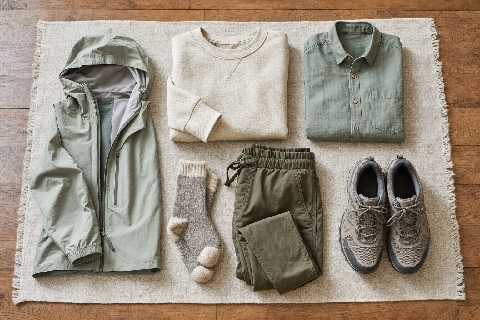 Light jacket, sweatshirt, shirt, socks, pants, and walking shoes arranged for an outdoor stay