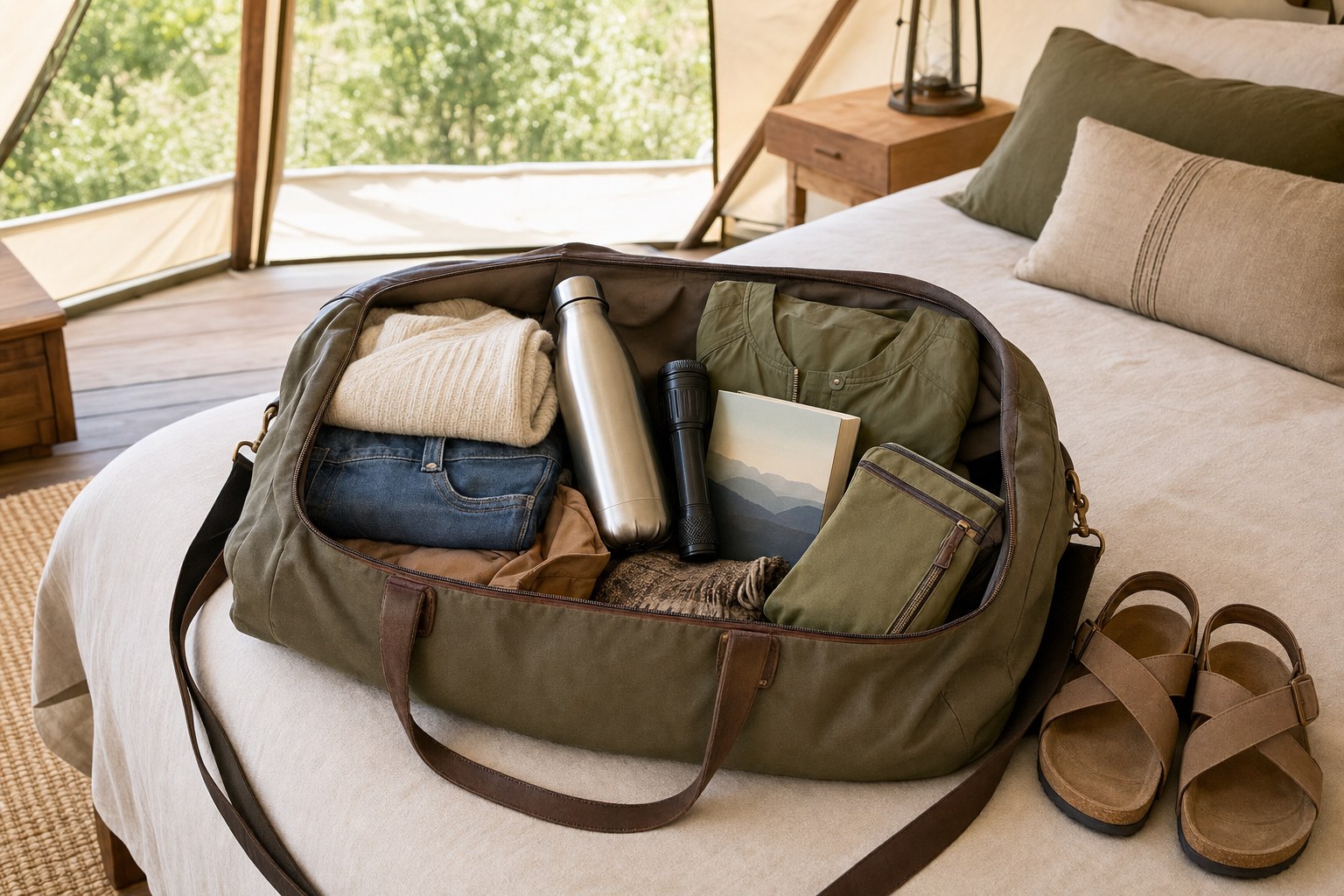 Open weekend bag with layers, a book, water bottle, flashlight, and sandals inside a canvas retreat