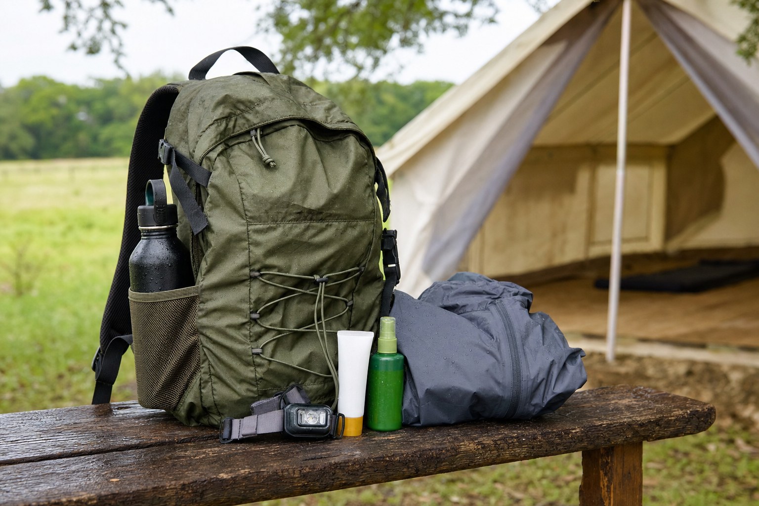 Outdoor daypack, water bottle, rain shell, sunscreen, and flashlight beside a canvas tent