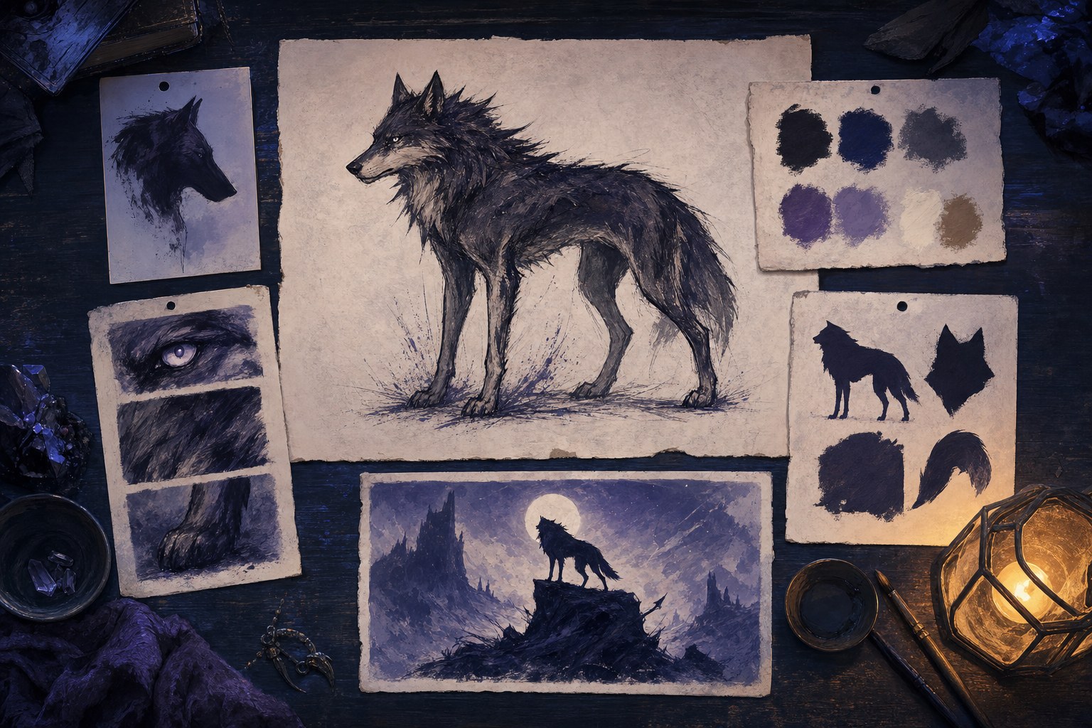 Wolf concept board with color swatches, silhouette studies, and reference sketches