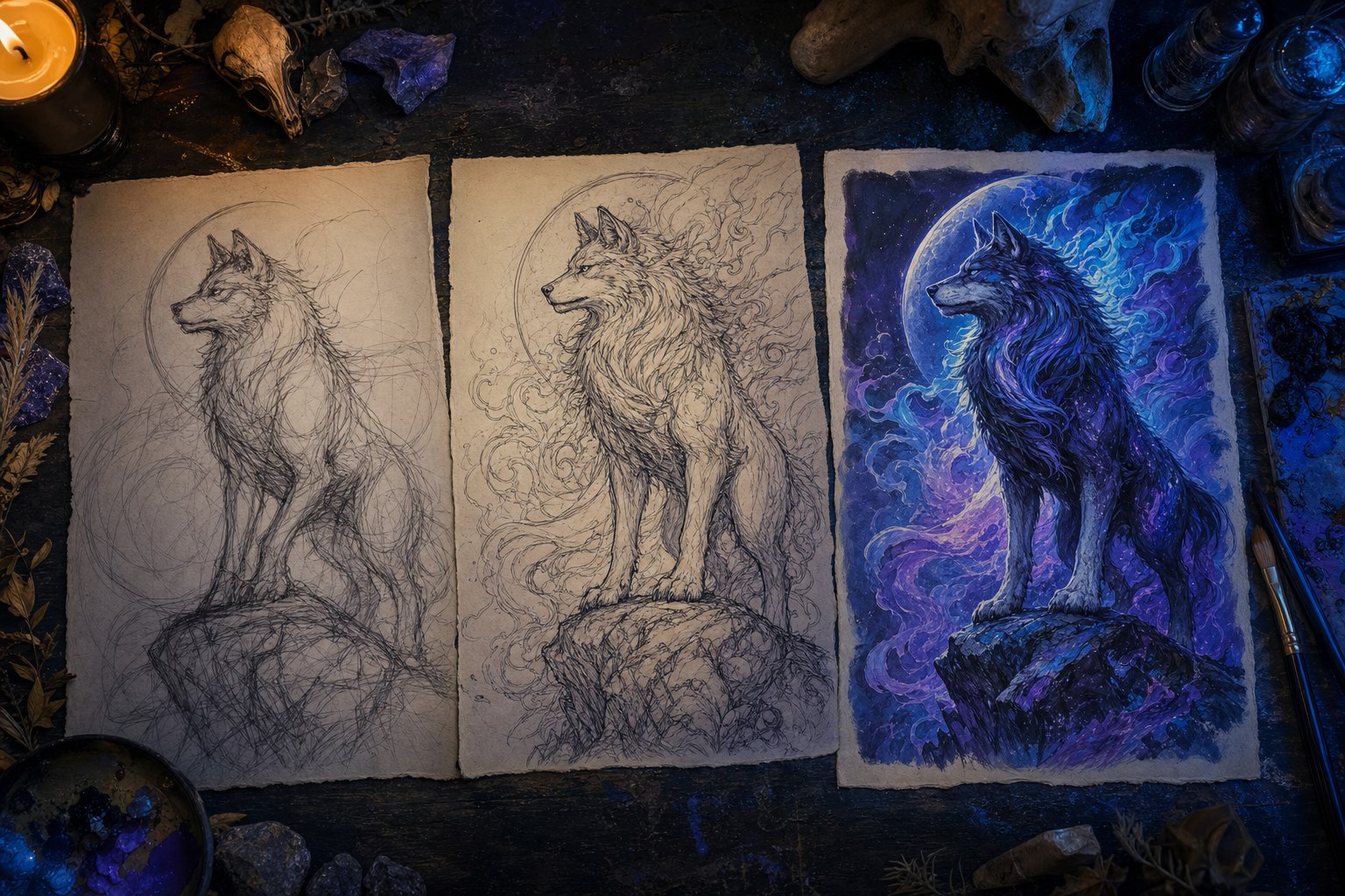 A wolf artwork shown as an early sketch, refined line art, and finished blue illustration