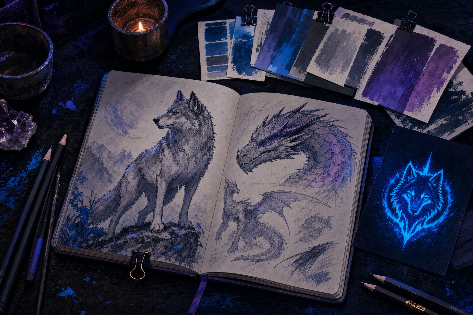 Open sketchbook with wolf and dragon studies beside color swatches