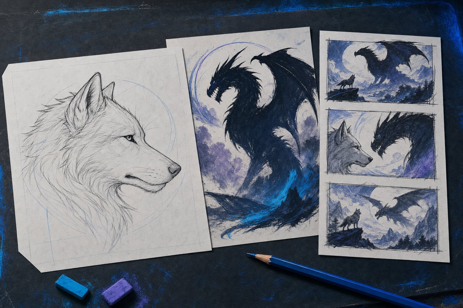 Creature composition sketches arranged on a dark drawing board