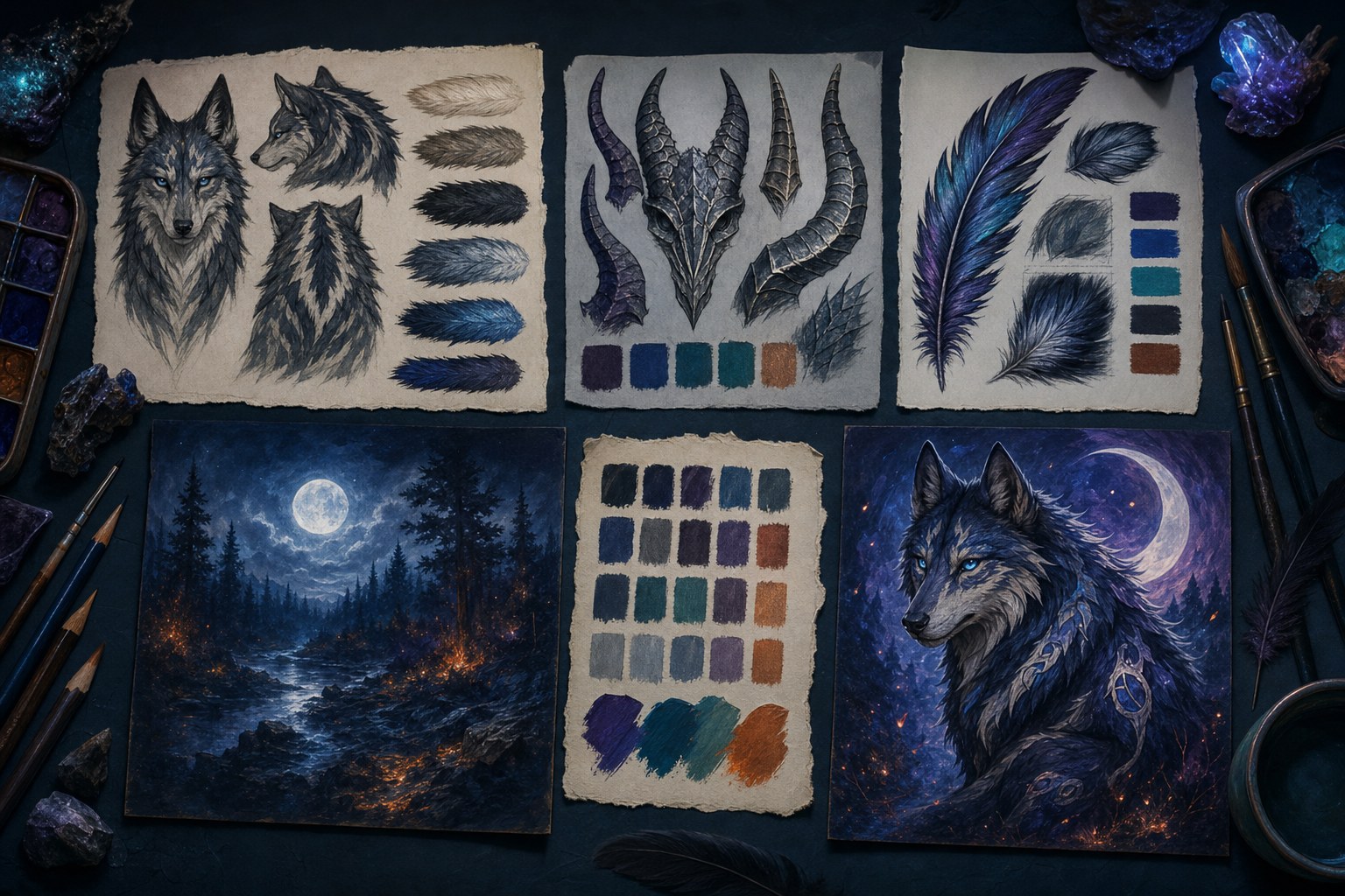 Creature art studies with fur, horn, feather, color, and moonlit scene references