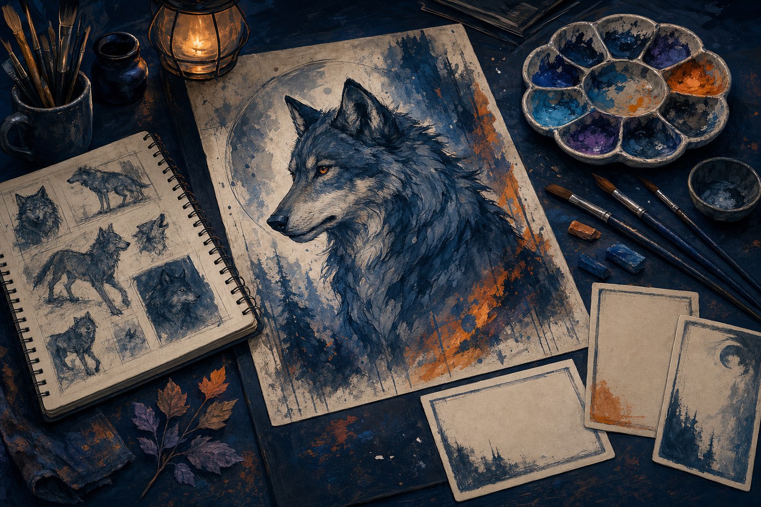 Original wolf art commission in progress beside sketches, paint, and reference cards