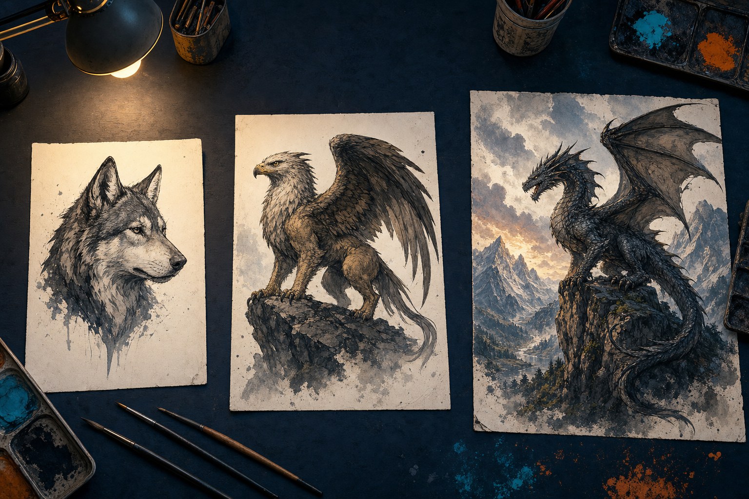 Wolf, gryphon, and dragon artwork studies showing three different commission scopes