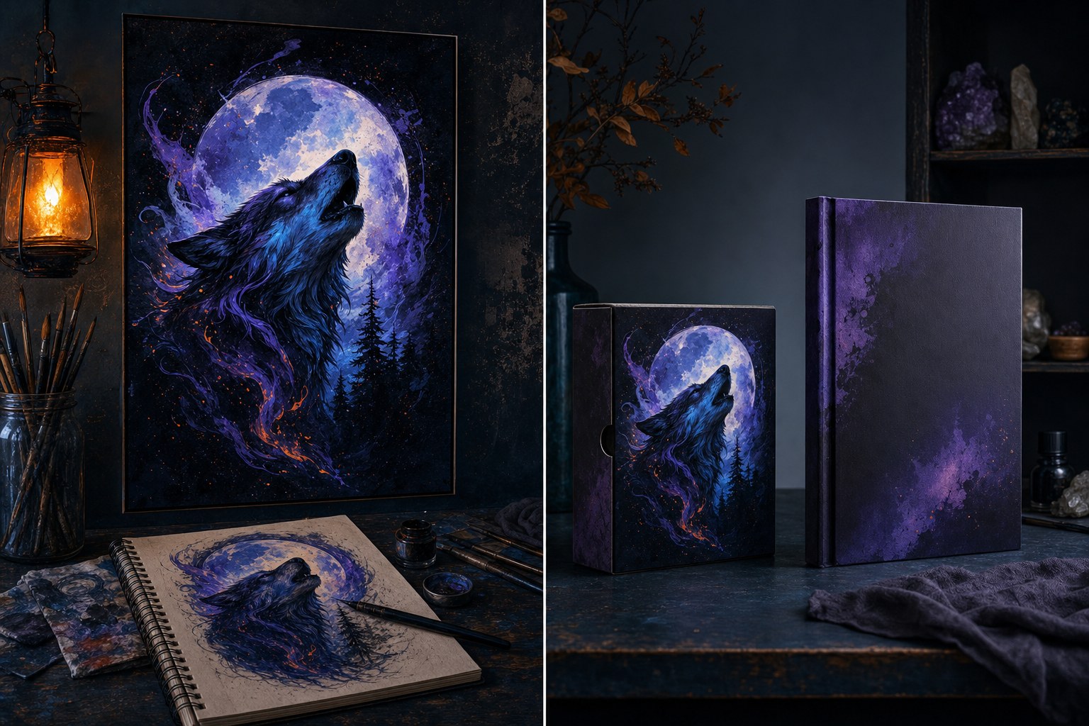 Original moonlit wolf artwork shown as a wall print and on unbranded product packaging