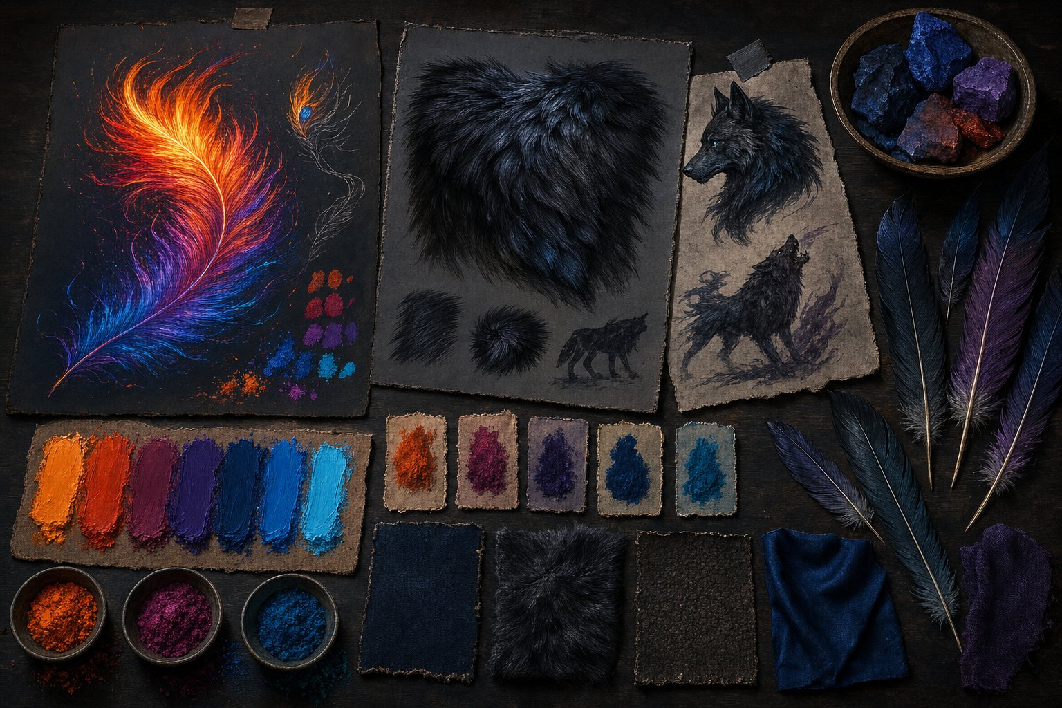 Color, feather, and fur references for a fantasy animal illustration