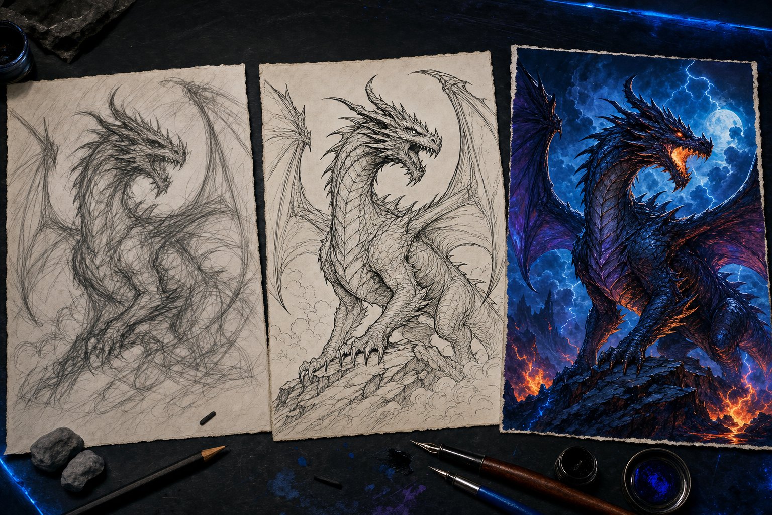 Dragon artwork shown as rough sketch, line art, and finished color art