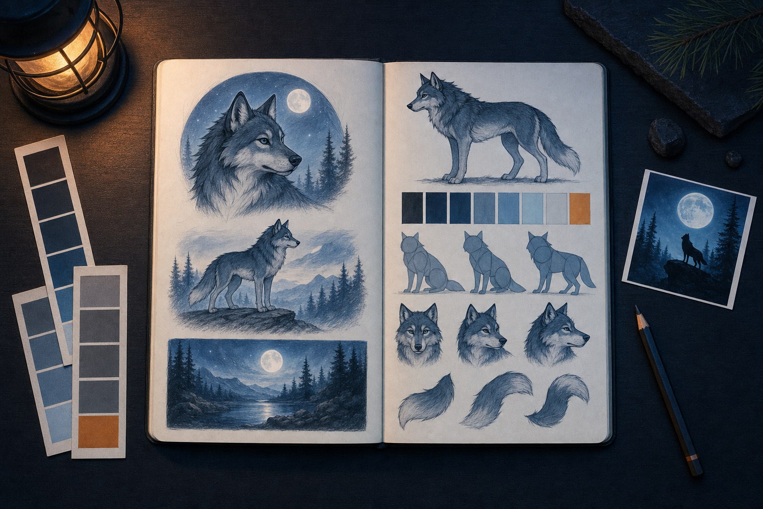 Wolf character studies, moonlit color palette, and composition sketches in an open sketchbook