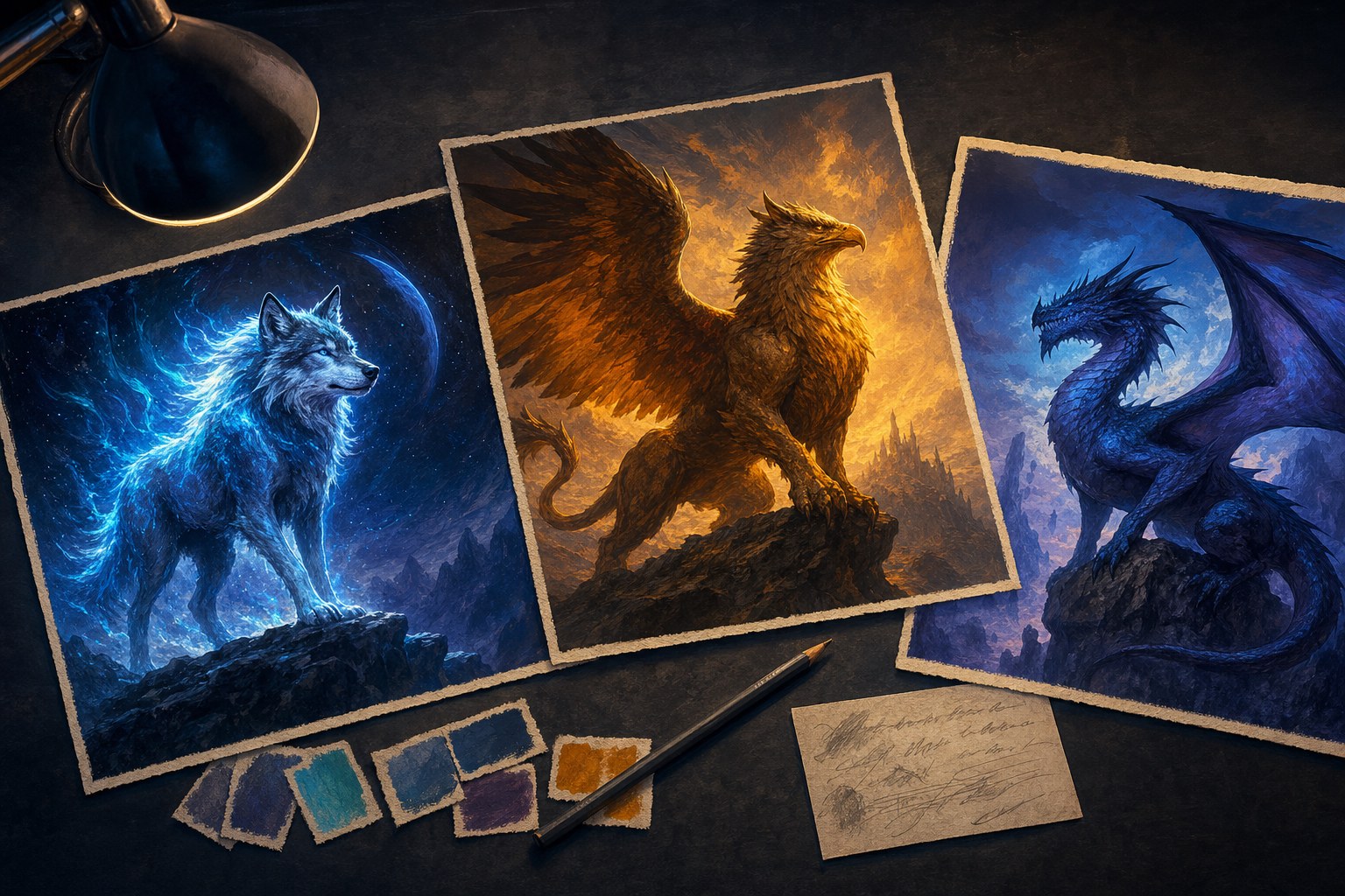 Original wolf, gryphon, and dragon illustrations arranged on a drawing desk