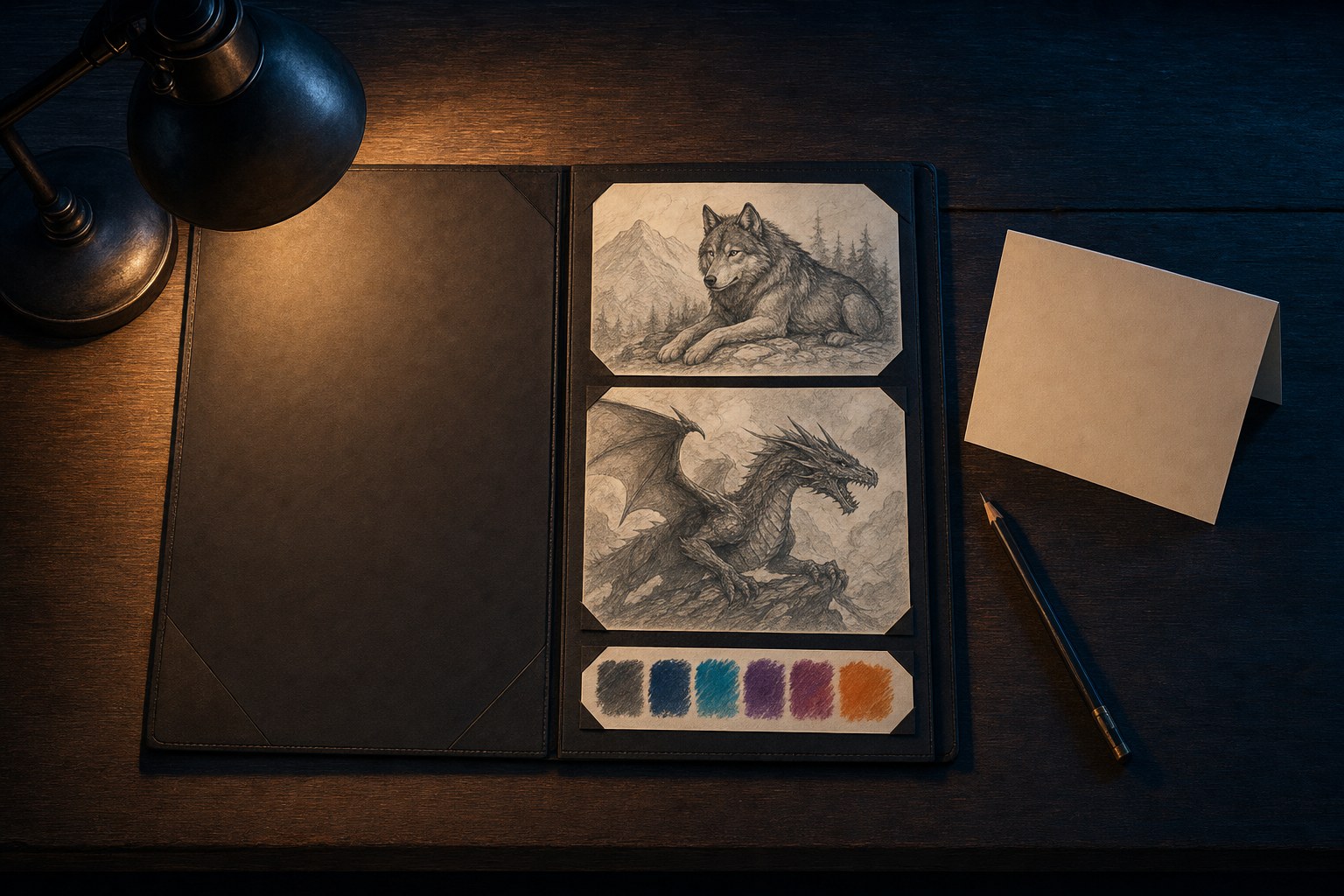 Original wolf and dragon sketches with color swatches in a dark art folio