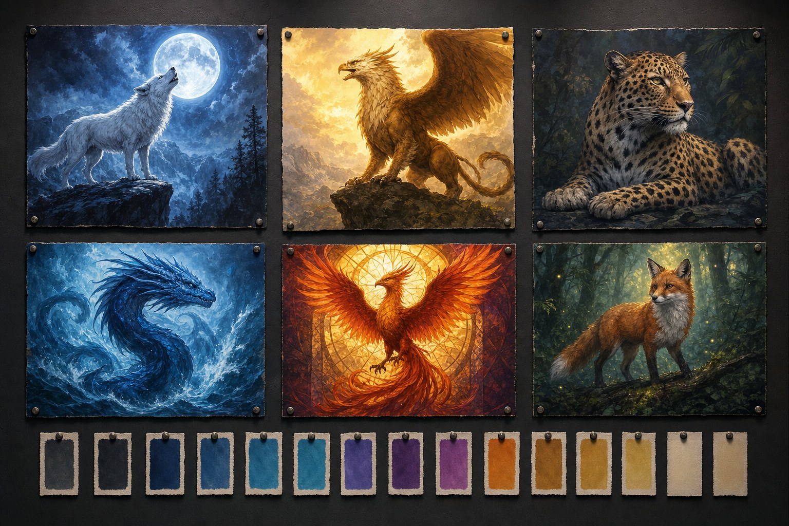 Six varied animal and creature artwork studies displayed together