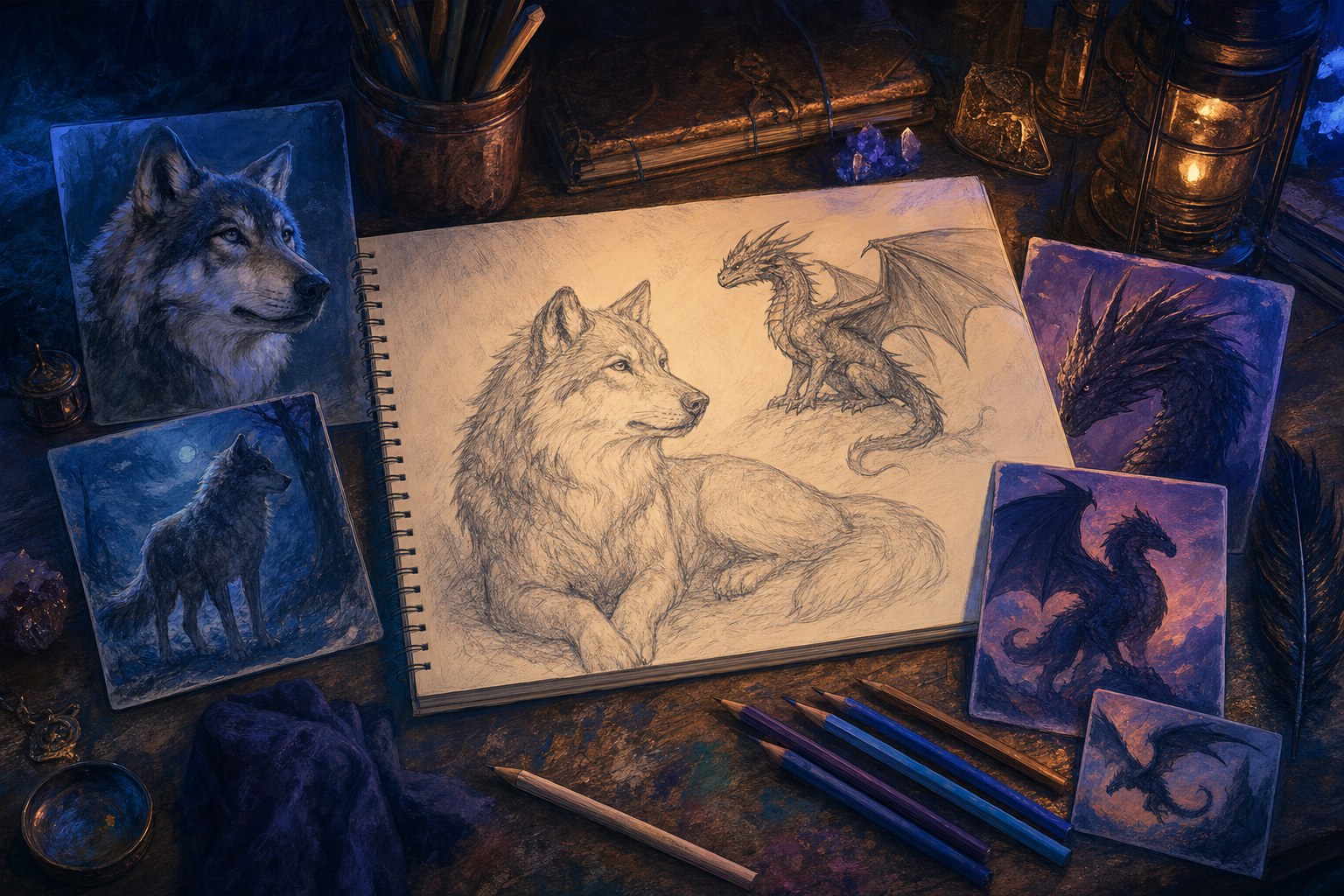 Wolf and dragon studies in an open sketchbook surrounded by reference cards