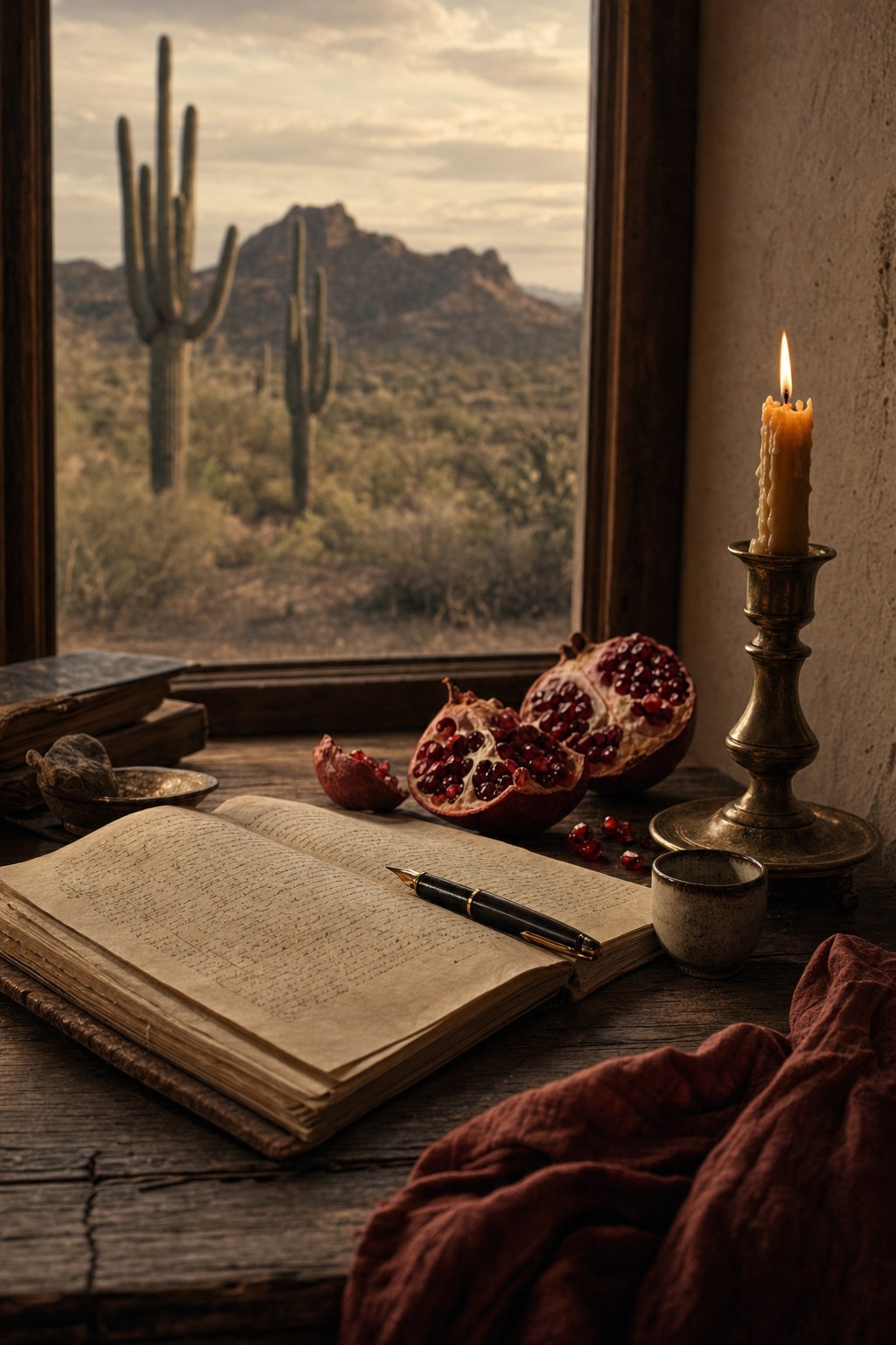 A manuscript, candle, pomegranate, and Sonoran Desert view