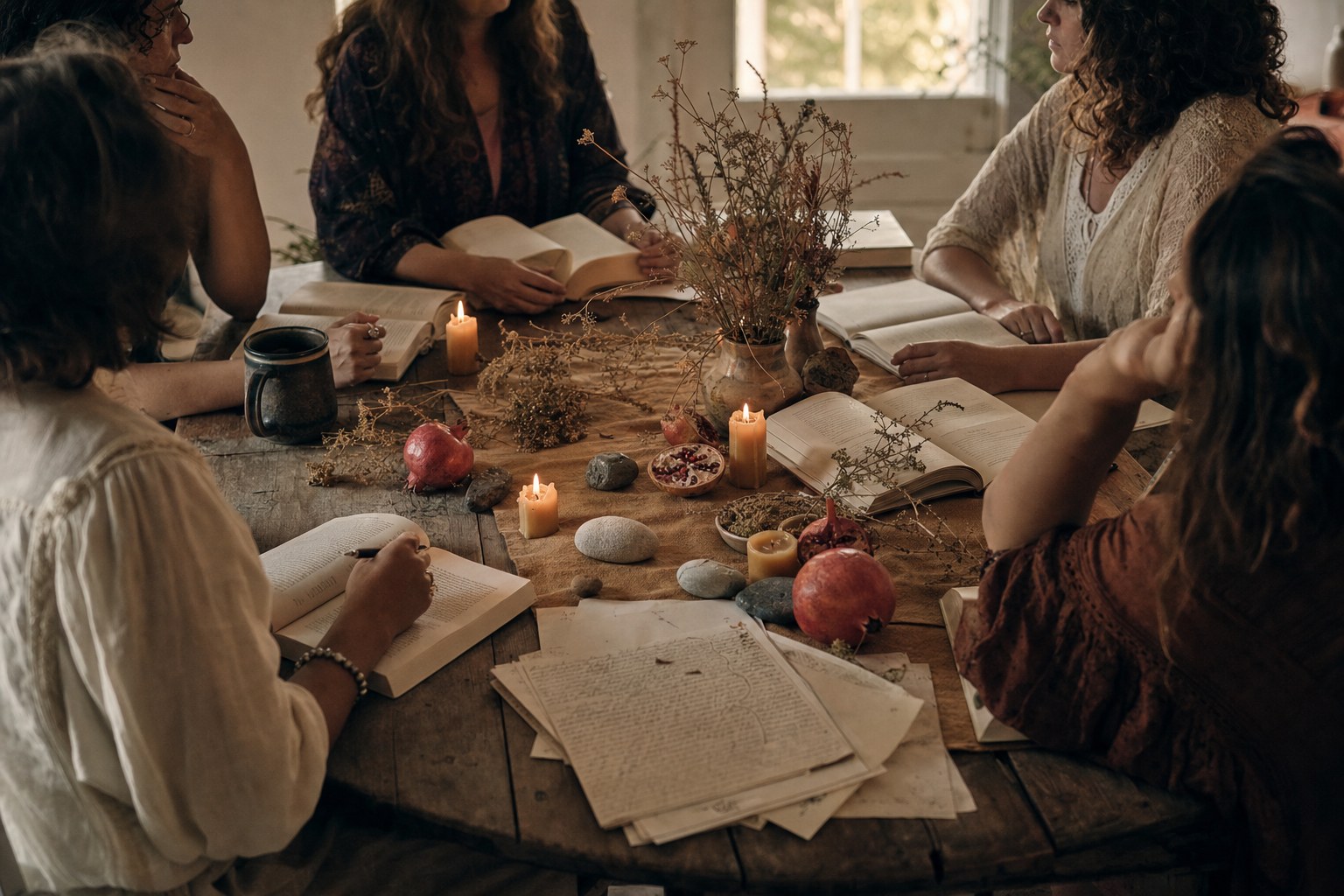 A literary gathering around a table with books and candles
