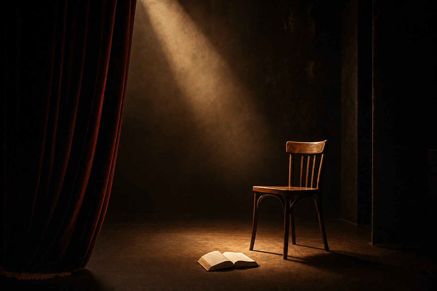 An intimate theatre stage with a chair and open book