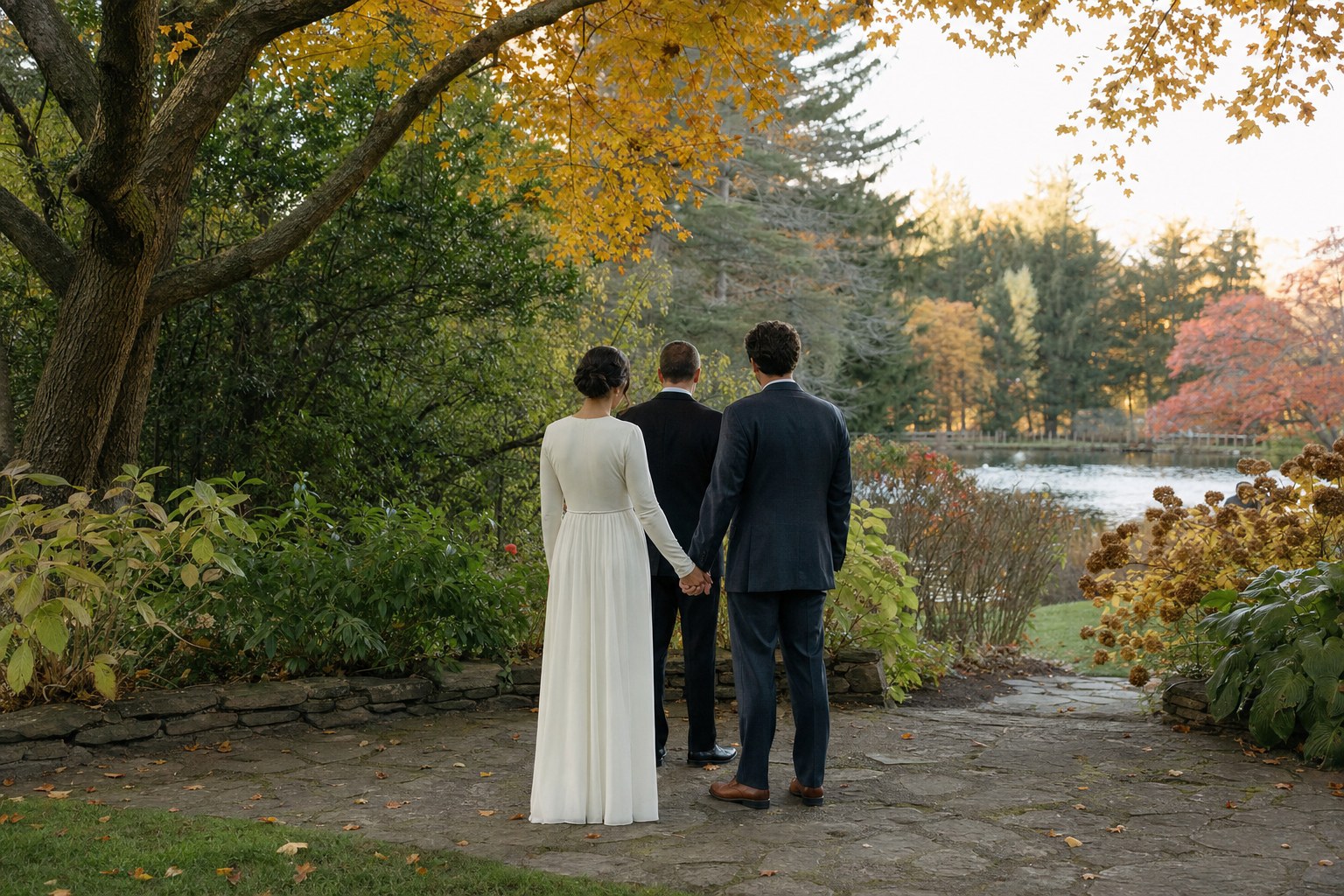 An intimate outdoor wedding ceremony in a New England garden