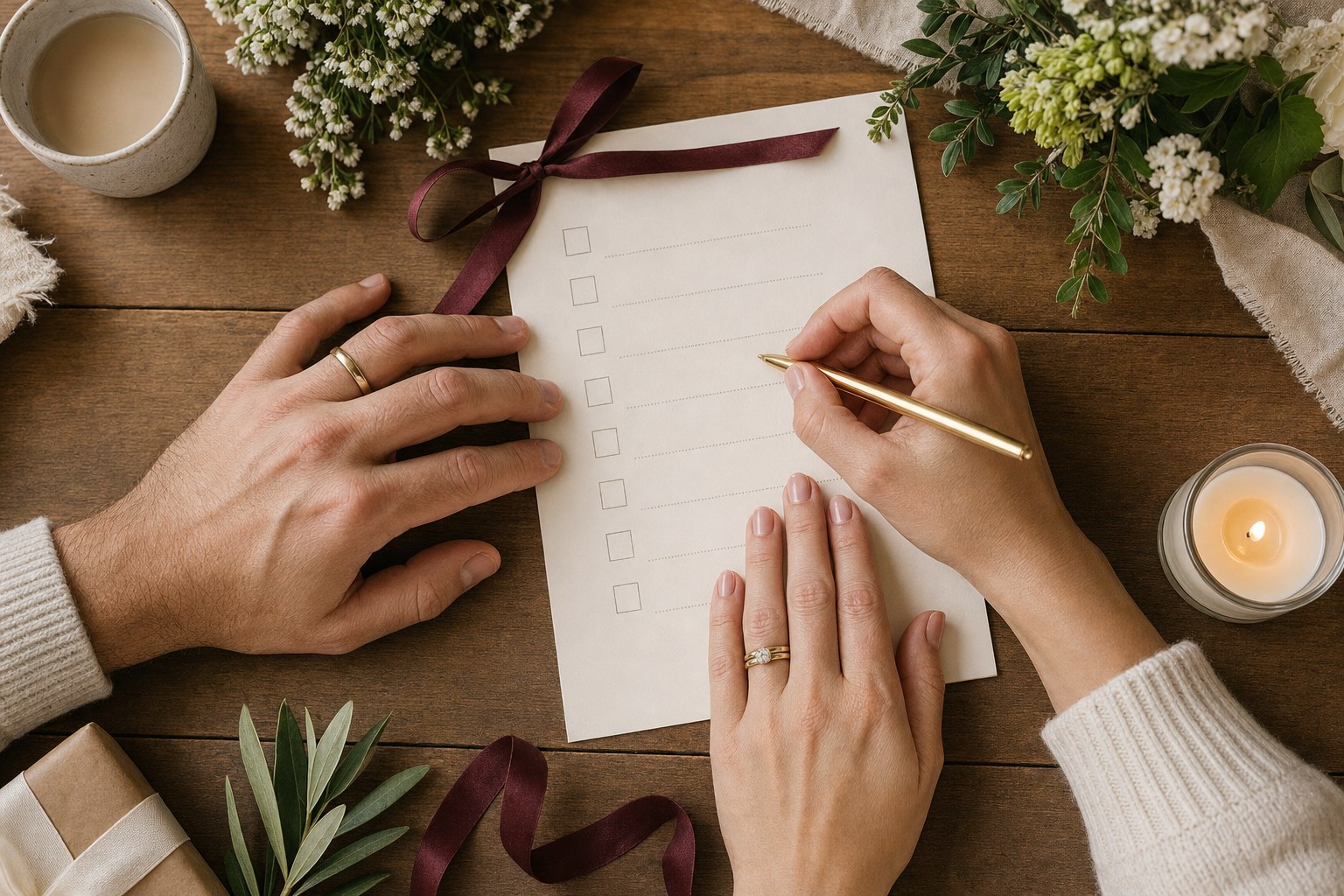 A couple reviewing a blank wedding planning checklist together