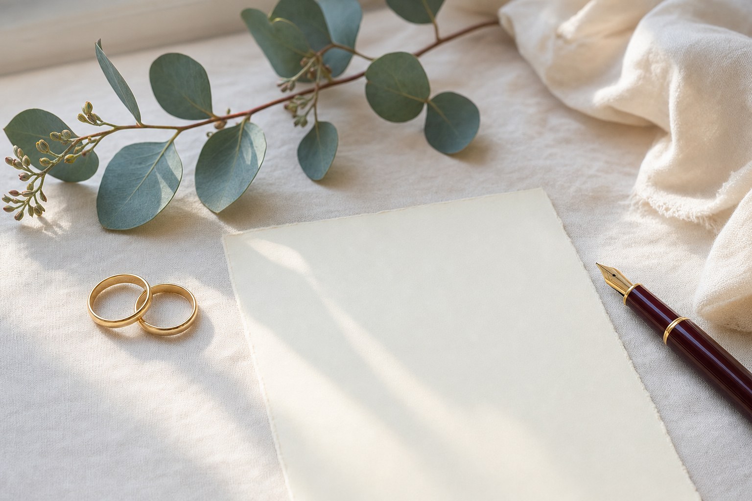 Wedding rings, blank paper and a fountain pen on ivory linen
