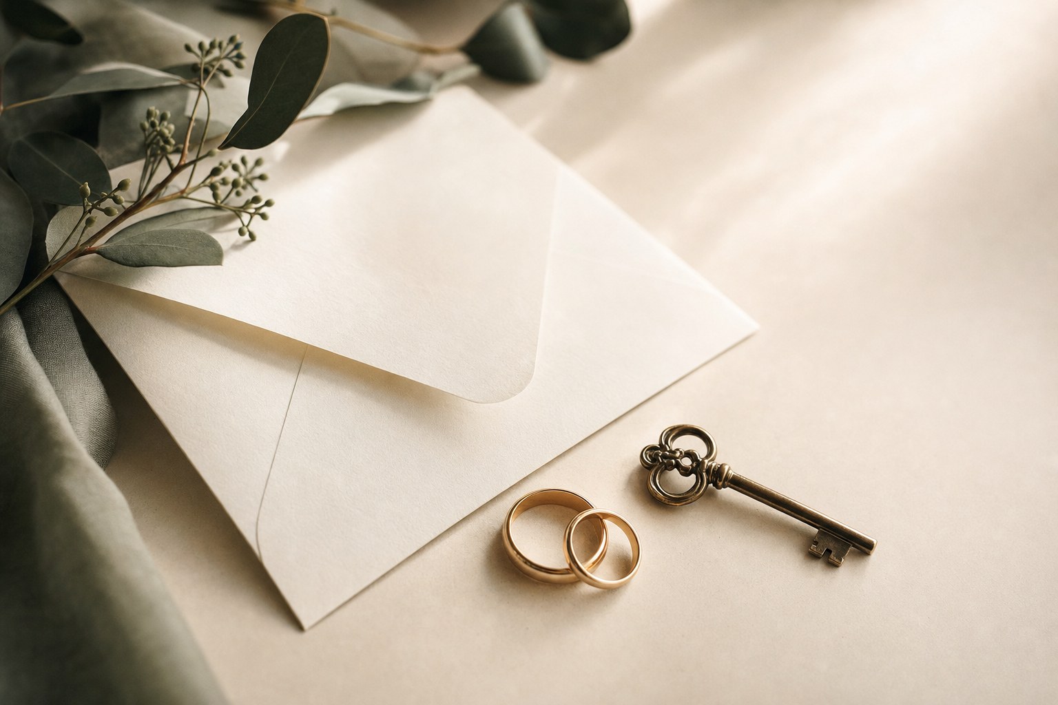 Wedding rings and an ivory envelope on a softly lit table