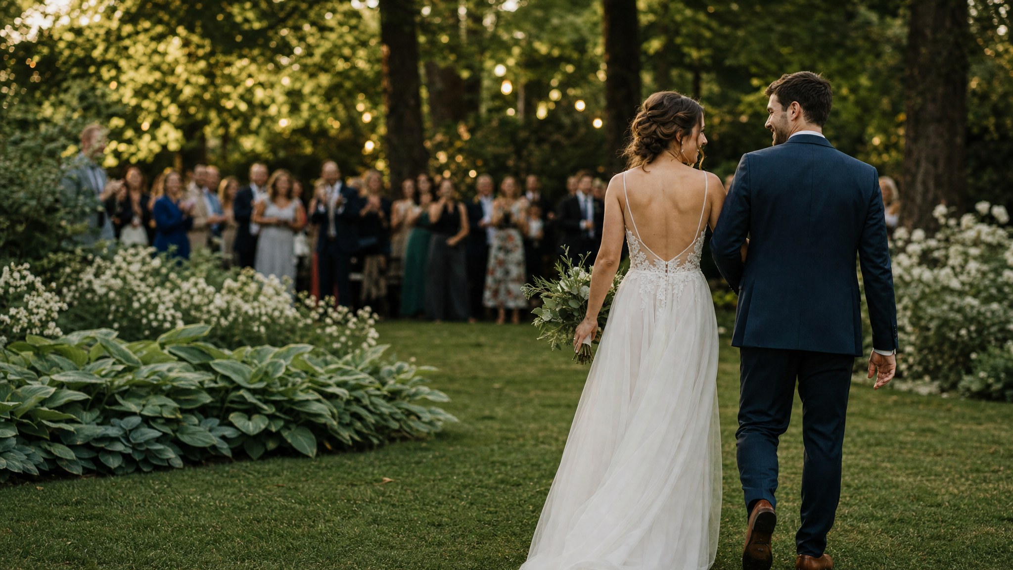 Newly married couple walking after an outdoor ceremony