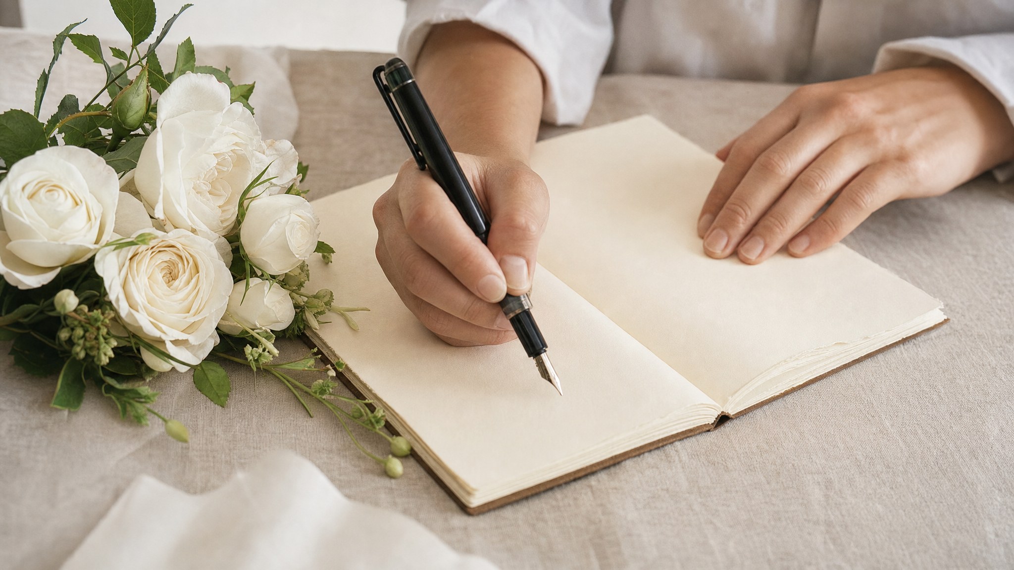 Hands writing personal vows in a notebook