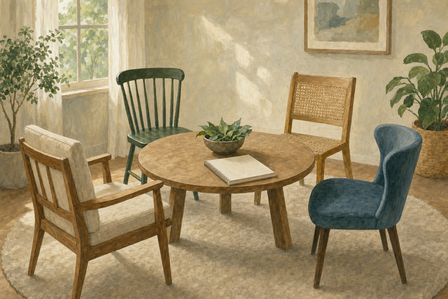 A warm, empty room arranged for a family therapy conversation