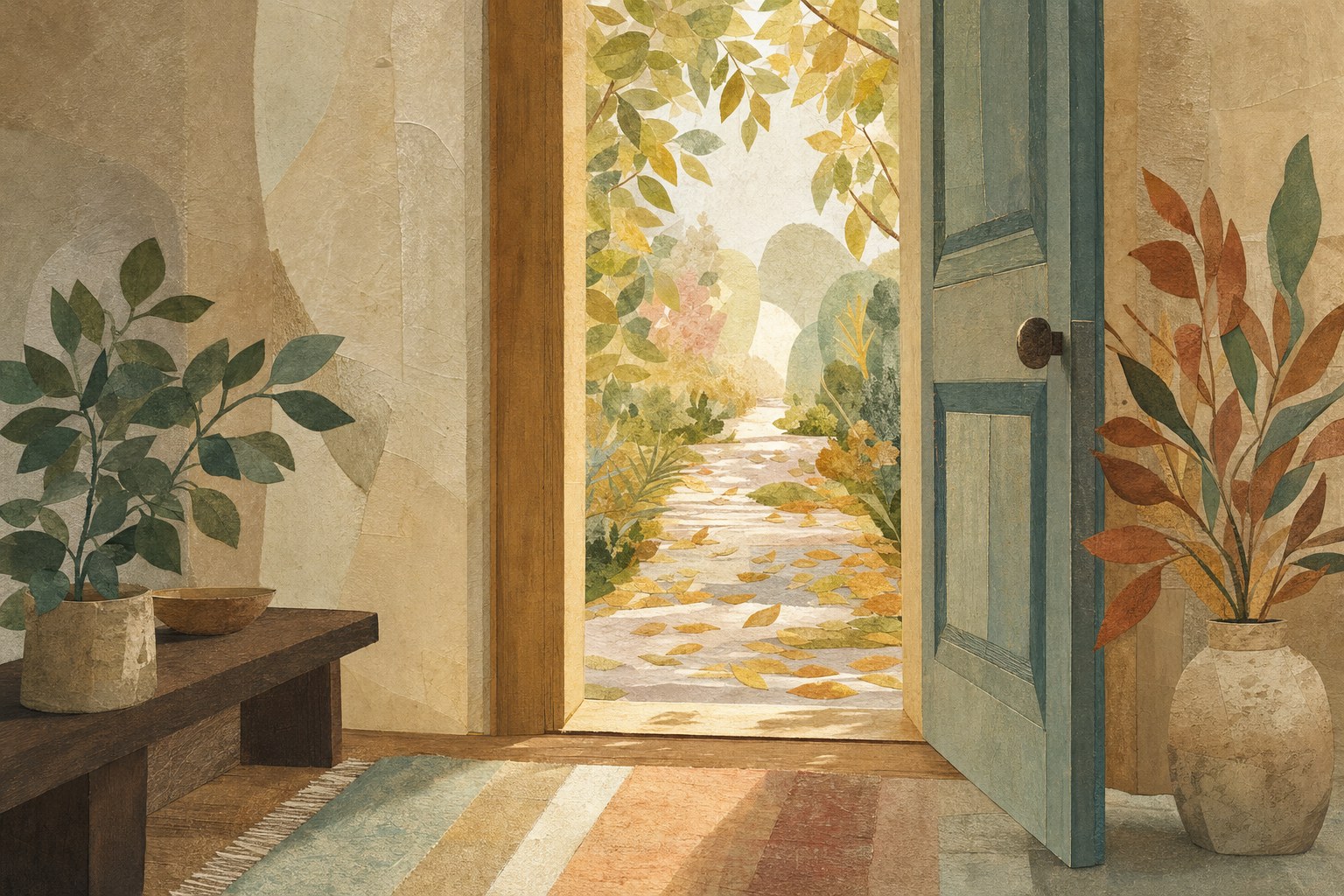 An open doorway leading to a quiet, leaf-filled path