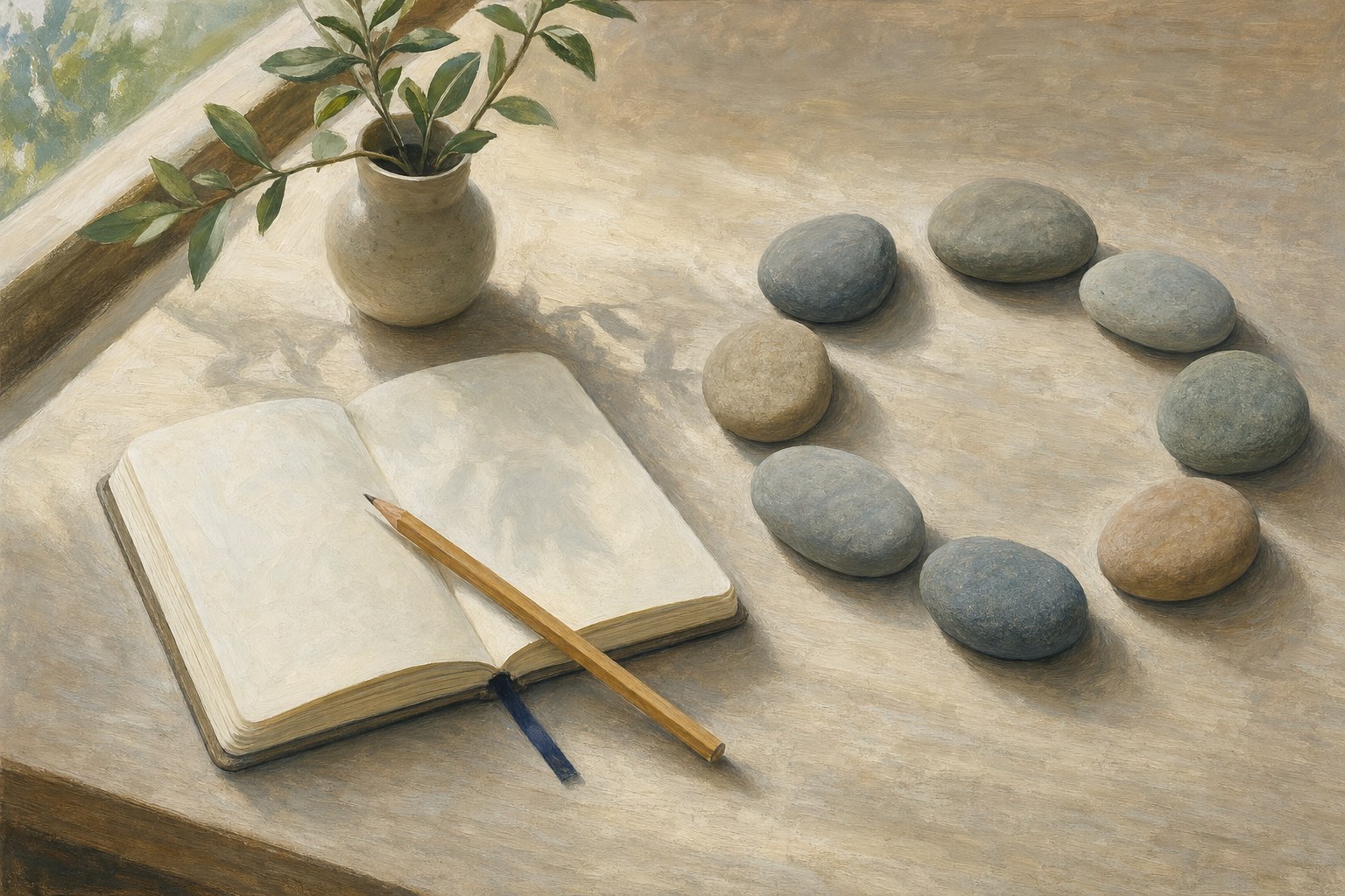 An open notebook and stones arranged in a circle for reflection and practice