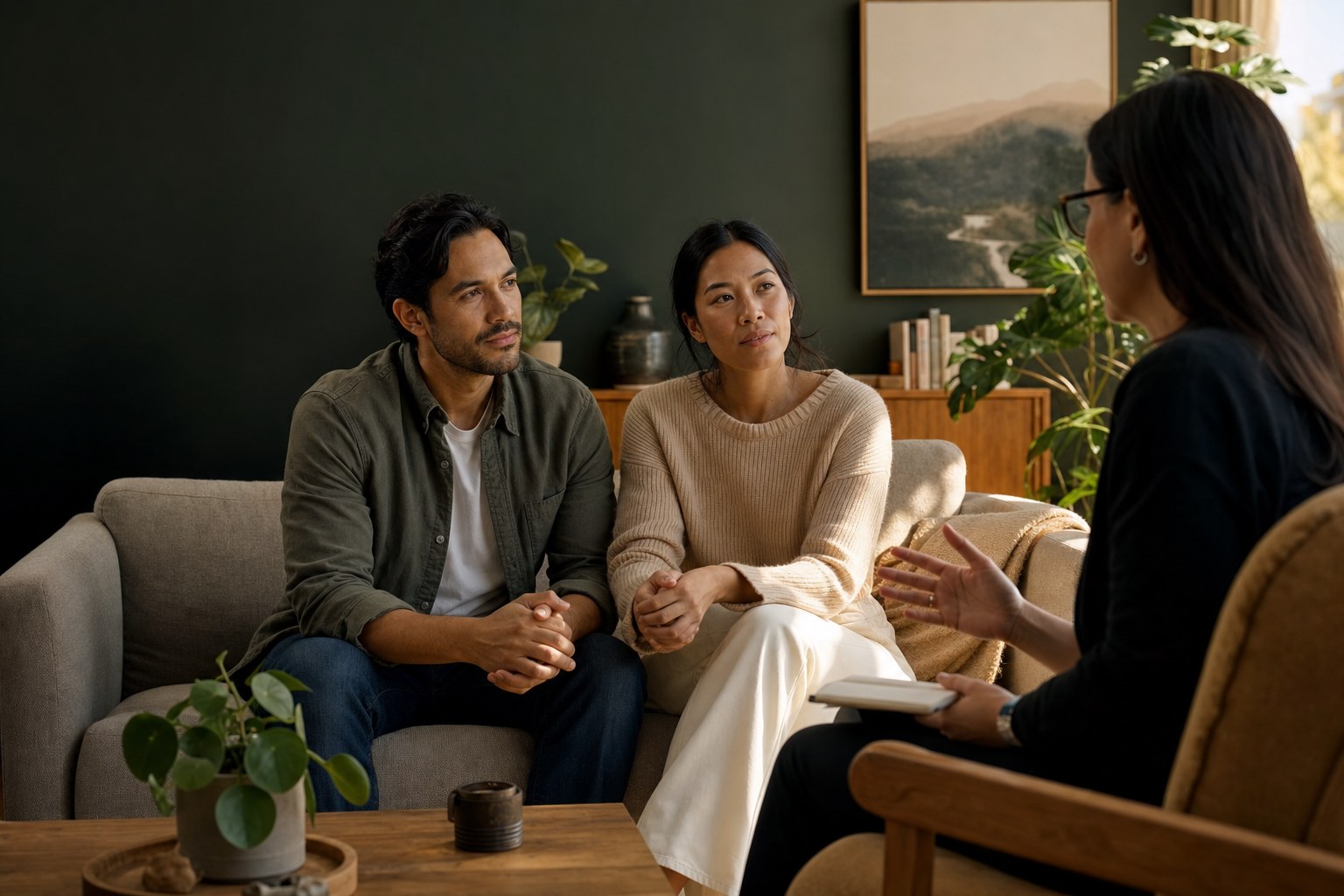 Couple speaking with a therapist in a warm counseling office