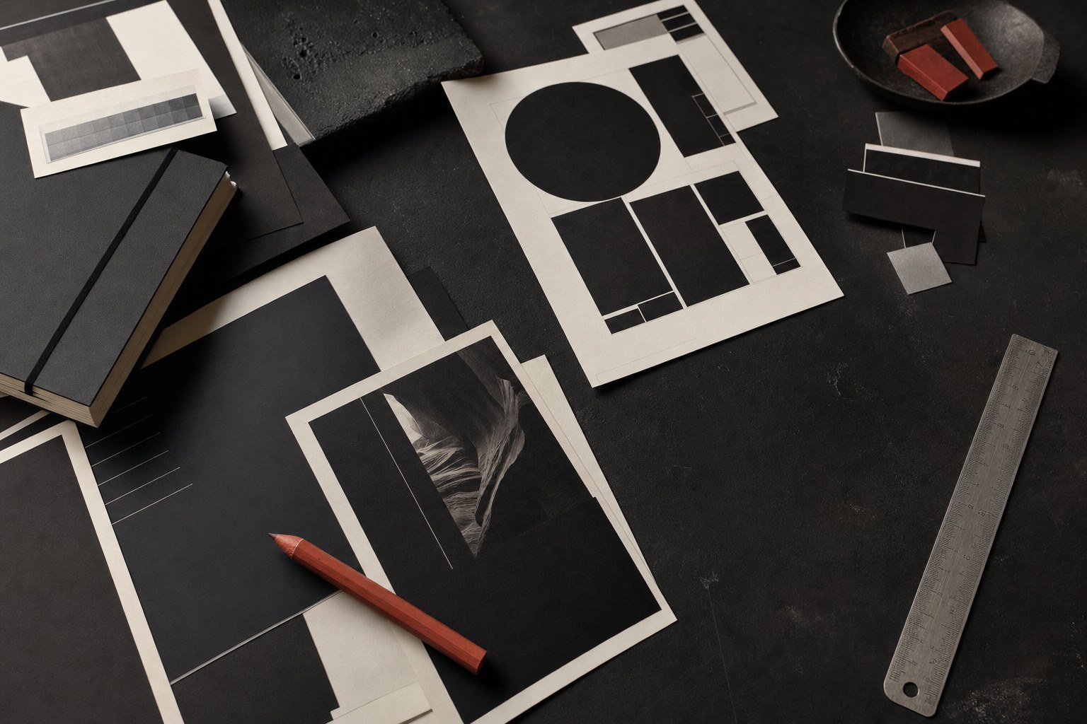 Editorial layout materials arranged on a studio table