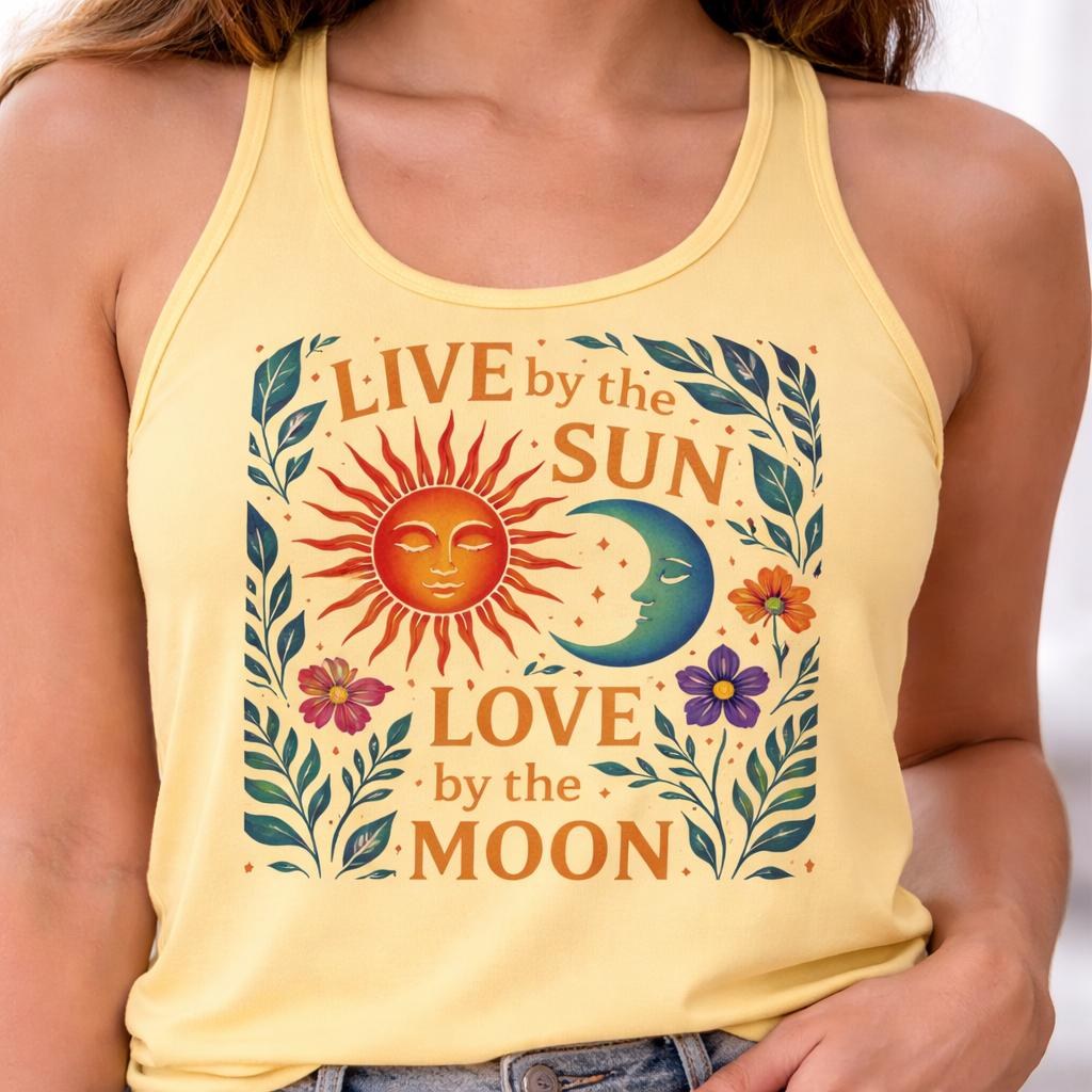 Moon Sun Tank Top Gift for Her Casual Wear Yoga Style Motivational Shirt Slim Fit Activewear Clothing Spiritual Exercise Fitness Attire