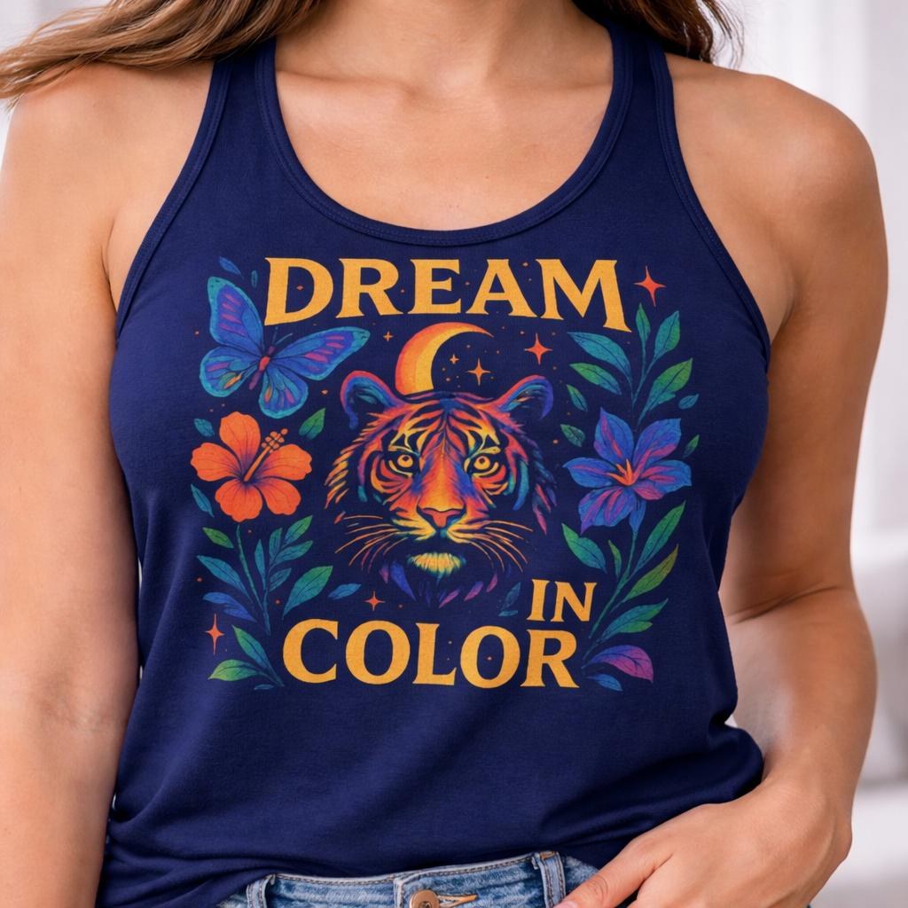 Dream in Color Racerback Tank Top Women, Inspirational Graphic Workout Wear, Slim Fit Yoga Gym Apparel, Casual Summer Wear, Fitness Gift