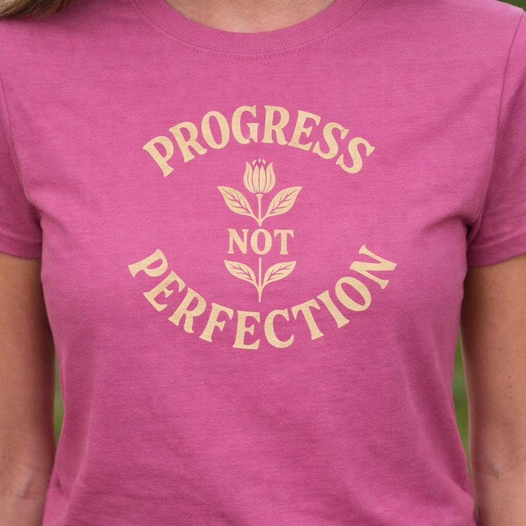 Women Crew Tshirt Cotton Fitted Pink Top Motivational Message Progress Quote Gold Text Casual Clothing Comfort Wear Soft Fabric Premium