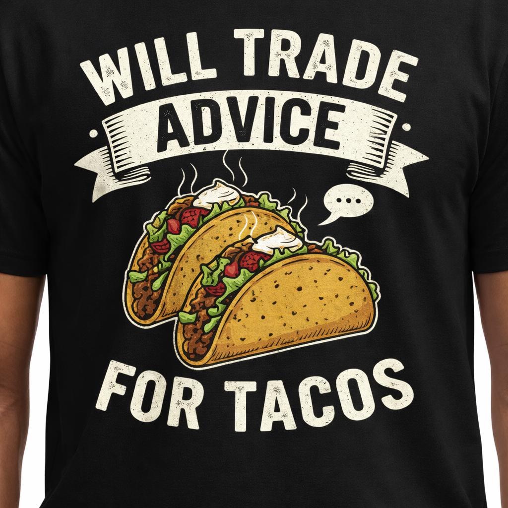 Will Trade Advice For Tacos Shirt, Funny Taco T-Shirt, Foodie Humor Tee, Cinco De Mayo Shirt, Funny Gift for Taco Lover, Unisex Graphic