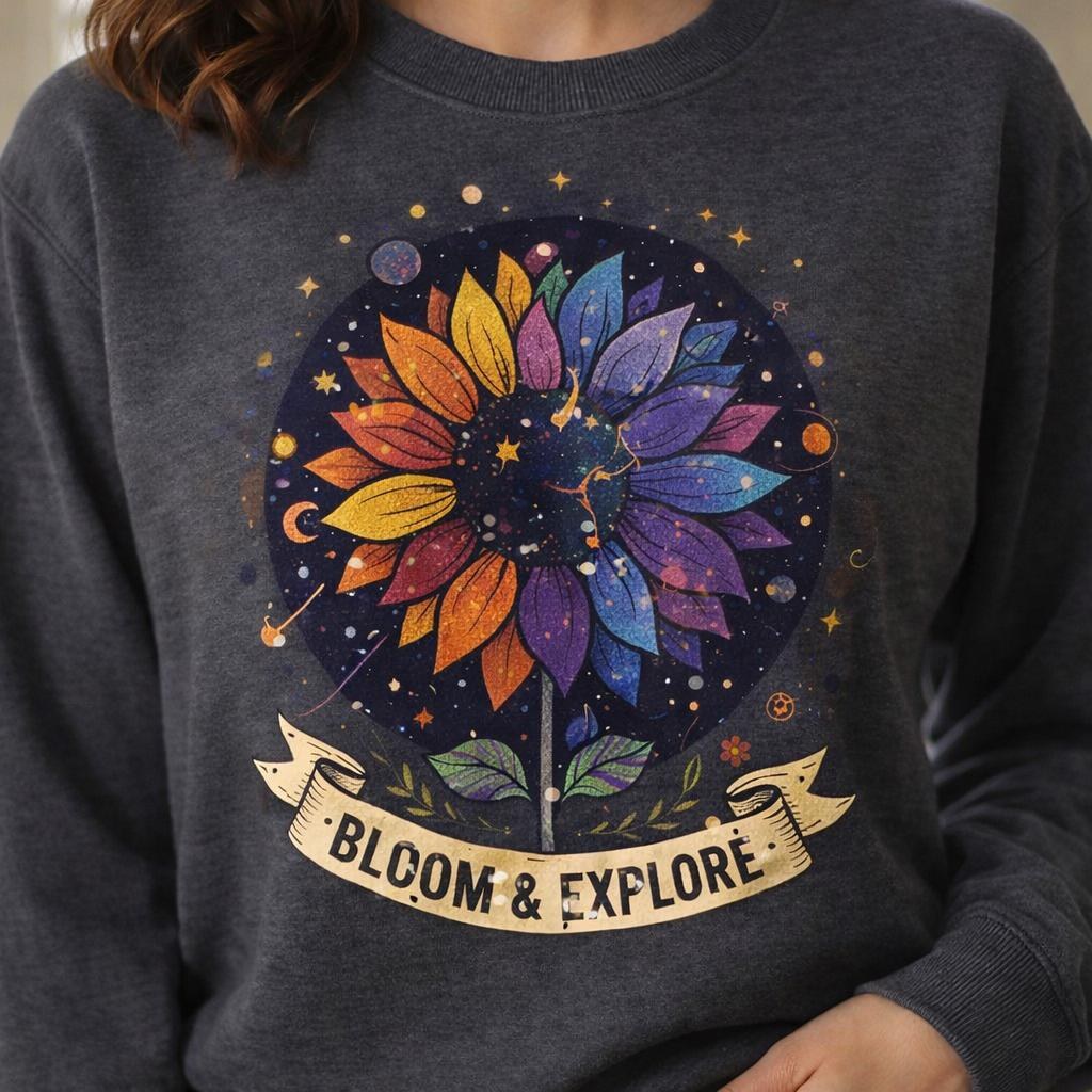 Bloom and Explore Sweatshirt Inspirational Floral Crewneck Boho Flower Pullover, Motivational Gift for Her Nature Lover Sweatshirt Gift Idea