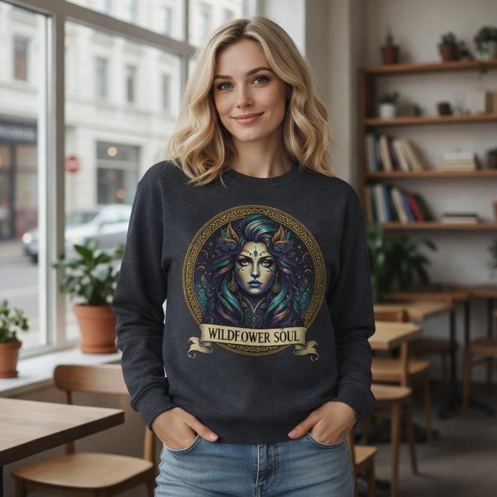 Wildflower Soul Sweatshirt, Boho Witchy Crewneck, Mystic Feminine Art Sweater, Spiritual Graphic Sweatshirt, Gift for Free Spirit Woman