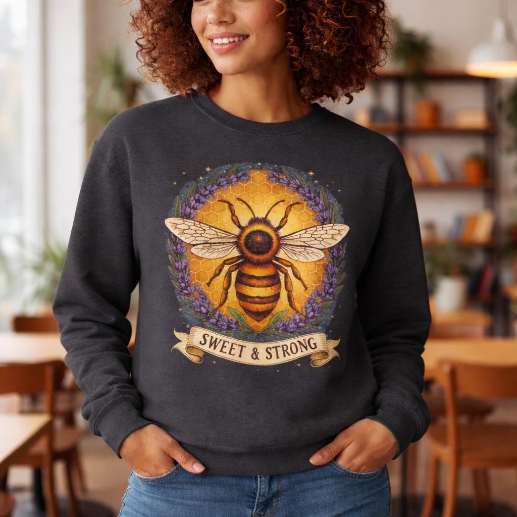 Bee Graphic Sweatshirt, Honey Crewneck Pullover, Nature Inspired Apparel, Cottagecore Outfit, Gift Lover Cozy Wear