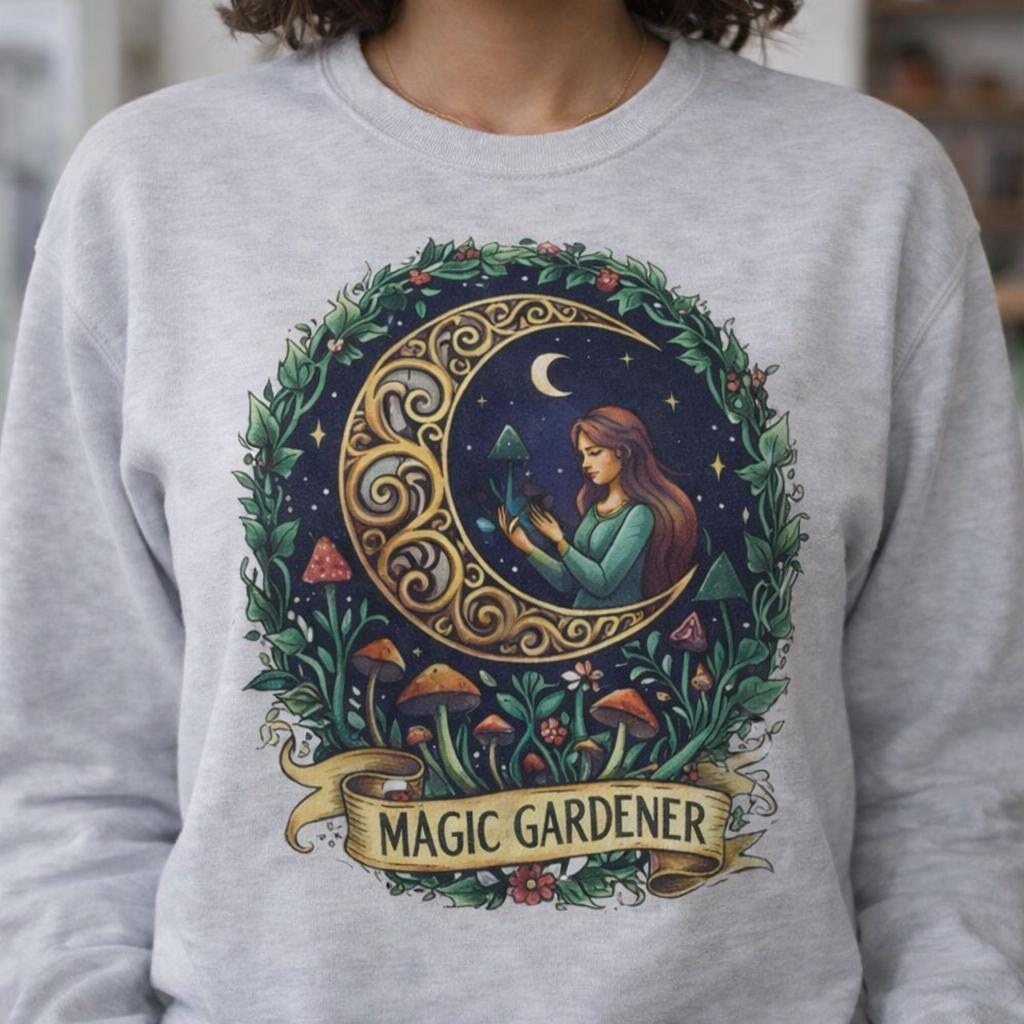 Magic Gardener Sweatshirt, Witchy Gardening Crewneck, Cottagecore Moon Sweater, Botanical Fantasy Shirt, Gift for Garden Lover Gift Idea