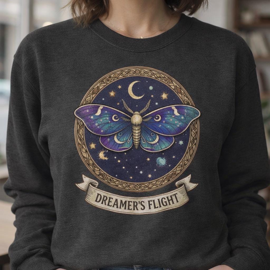Dreamers Flight Sweatshirt, Celestial Moth Crewneck, Moon & Stars Graphic Sweater, Mystical Aesthetic Pullover, Inspirational Dreamer Gift