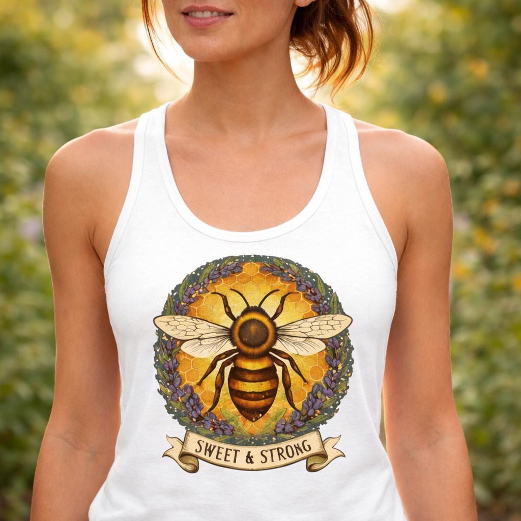 Sweet & Strong Tank Top, Empowering Women’s Racerback, Feminine Strength Shirt, Bee Graphic Tank, Encouragement Gift for Her