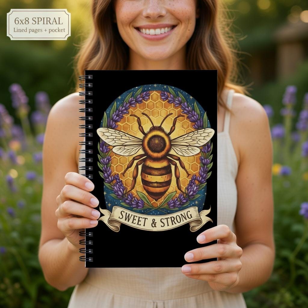 Bee Spiral Notebook Honeycomb Design Black Journal Writing Inspiration Daily Planner School Notes Motivational Message Floral Artwork Theme